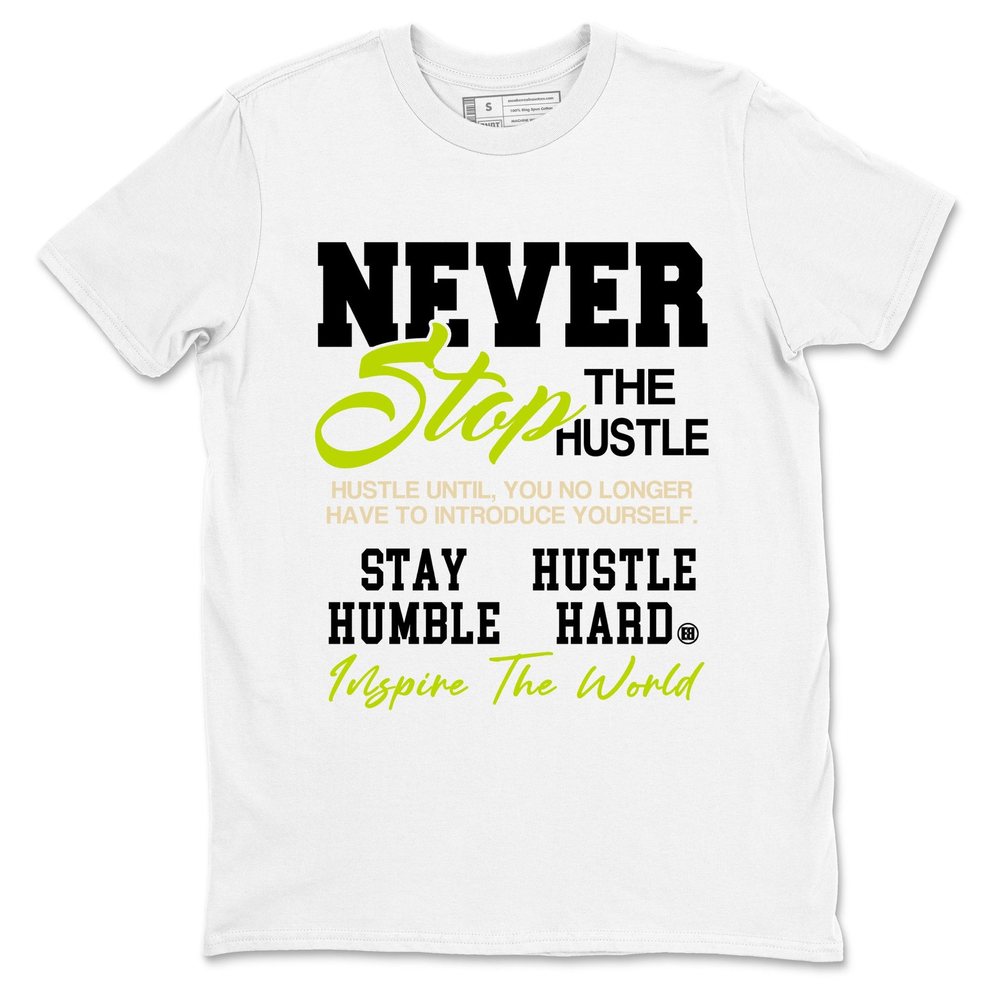 Never Stop The Hustle sneaker match t-shirt styled to complete your fit with the Jordan Jumpman Jack Travis Scott Bright Cactus sneakers, shown in White 2.