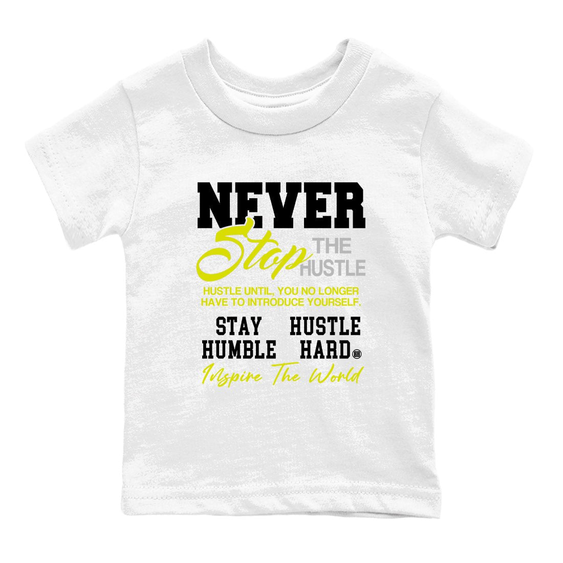 Never Stop The Hustle baby and kids t-shirt crafted for little sneakerheads to shine with the Air Max 90 Cyber sneakers, displayed in White 2.