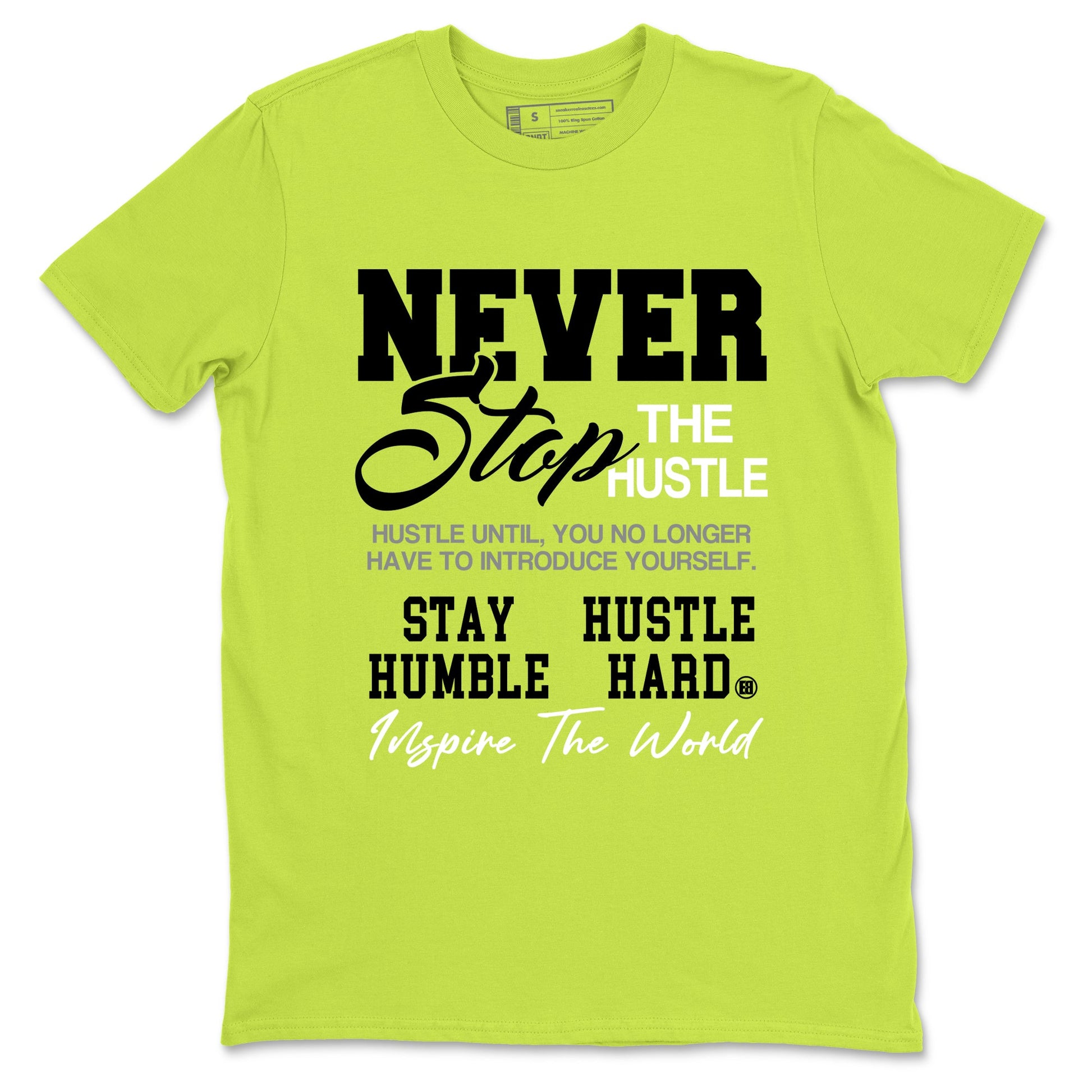 Never Stop The Hustle sneaker match t-shirt styled to complete your fit with the Air Max 90 Cyber sneakers, shown in Safety Green 2.