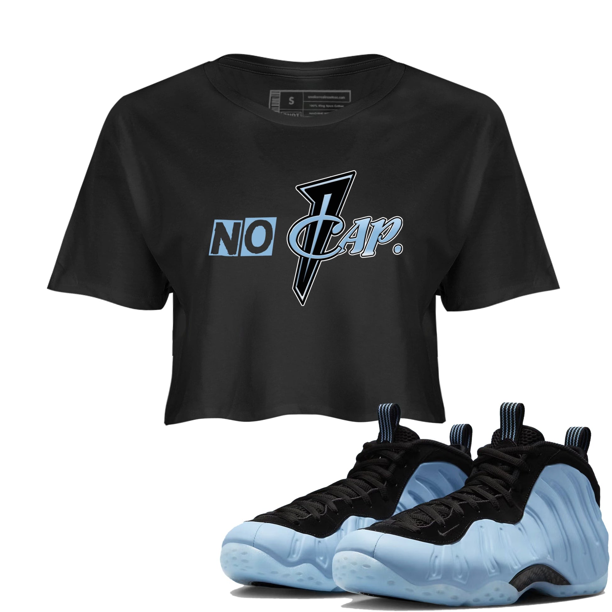 No Cap womens crop tee made to vibe with the Air Foamposite One Psychic Blue sneakers — the perfect match in Black 1.