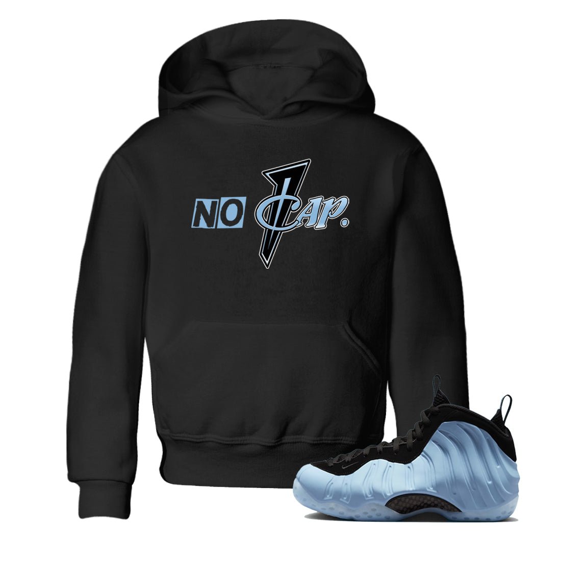 No Cap baby and kids t-shirt crafted for little sneakerheads to shine with the Air Foamposite One Psychic Blue sneakers, displayed in Black 1.