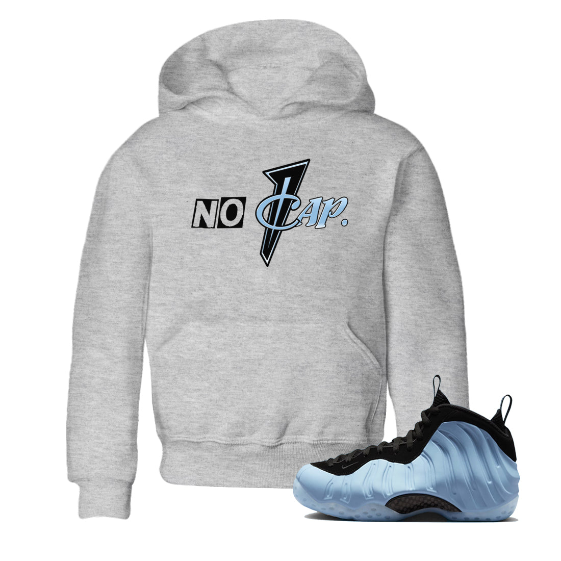 No Cap baby and kids t-shirt crafted for little sneakerheads to shine with the Air Foamposite One Psychic Blue sneakers, displayed in Heather Grey 1.