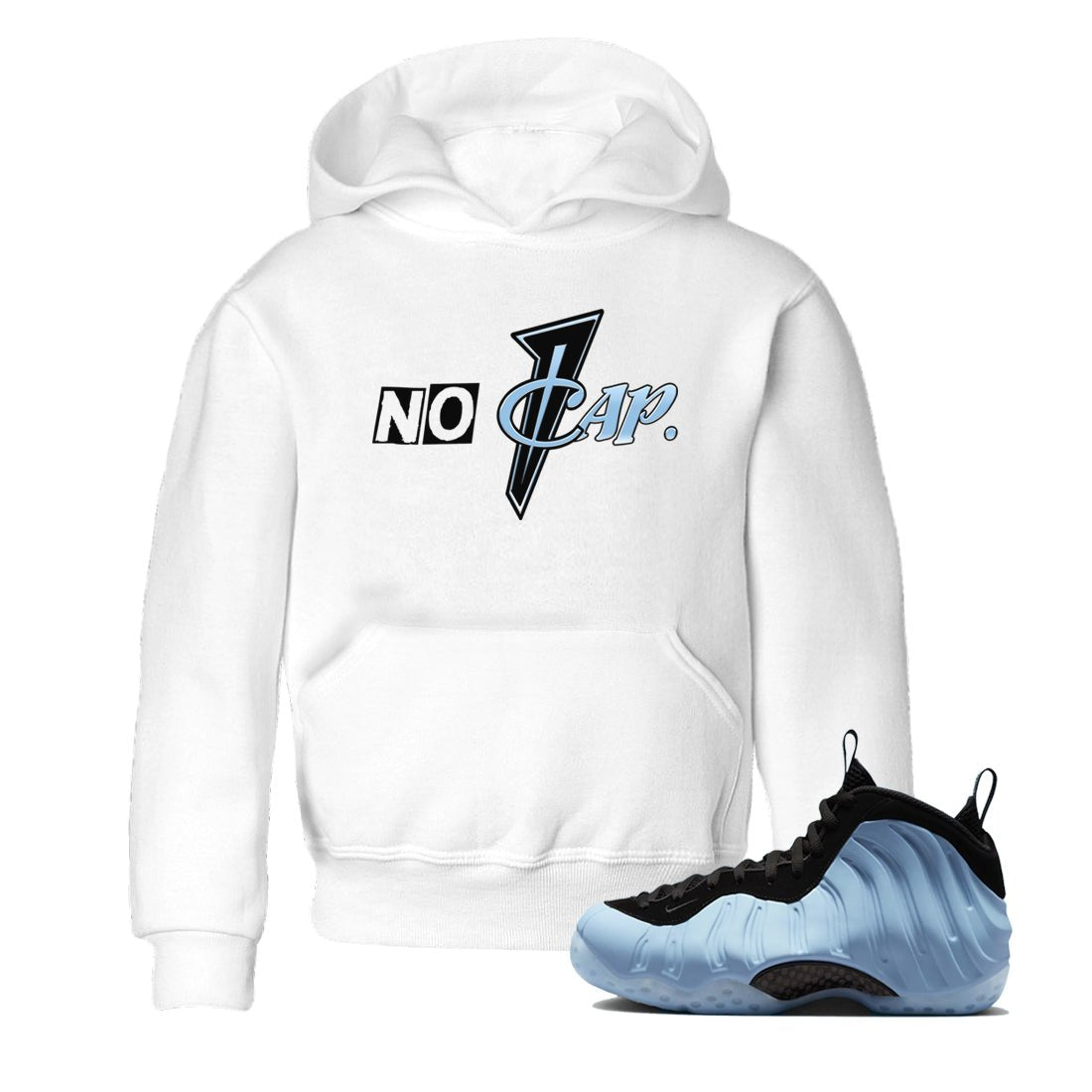 No Cap baby and kids t-shirt crafted for little sneakerheads to shine with the Air Foamposite One Psychic Blue sneakers, displayed in White 1.