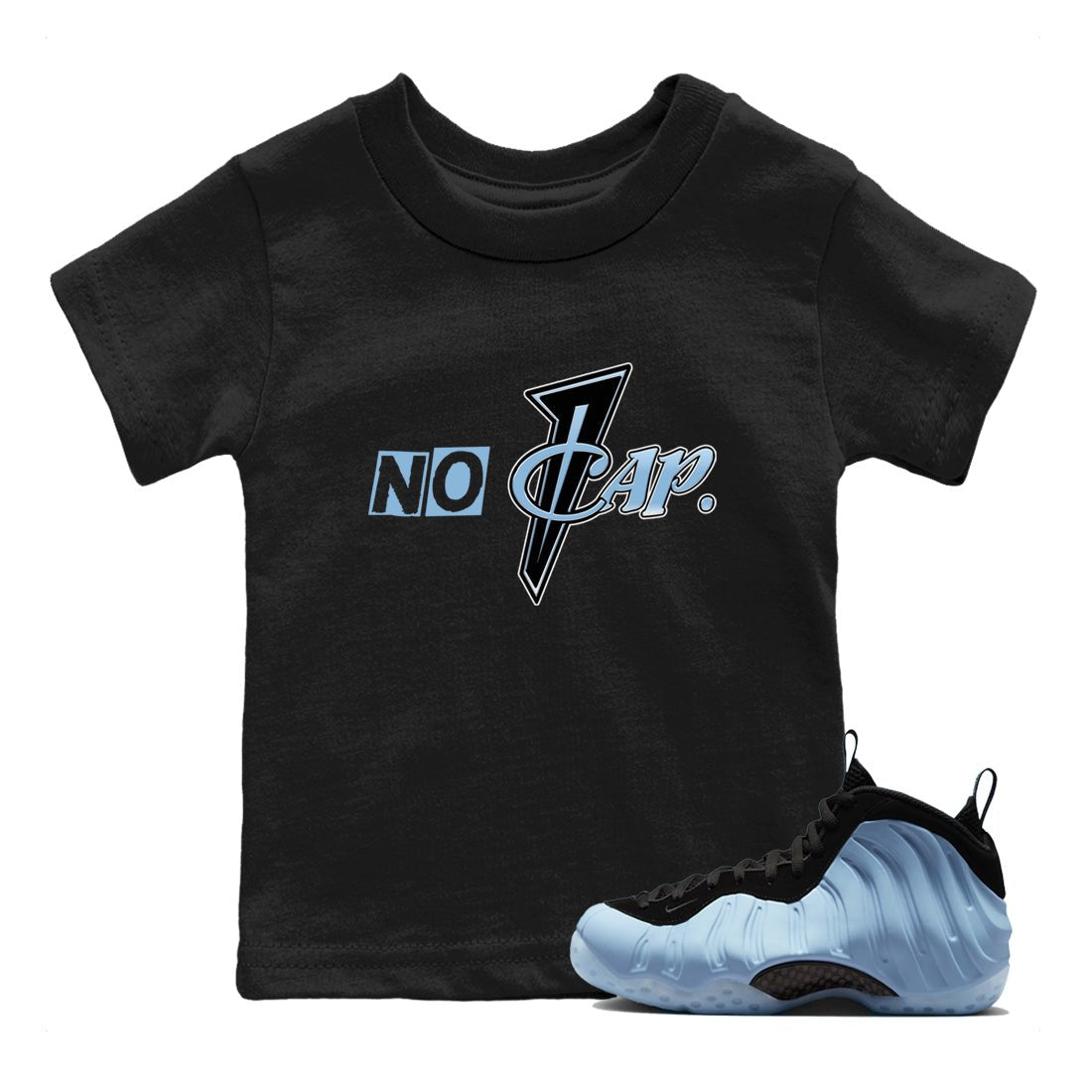 No Cap baby and kids t-shirt crafted for little sneakerheads to shine with the Air Foamposite One Psychic Blue sneakers, displayed in Black 1.