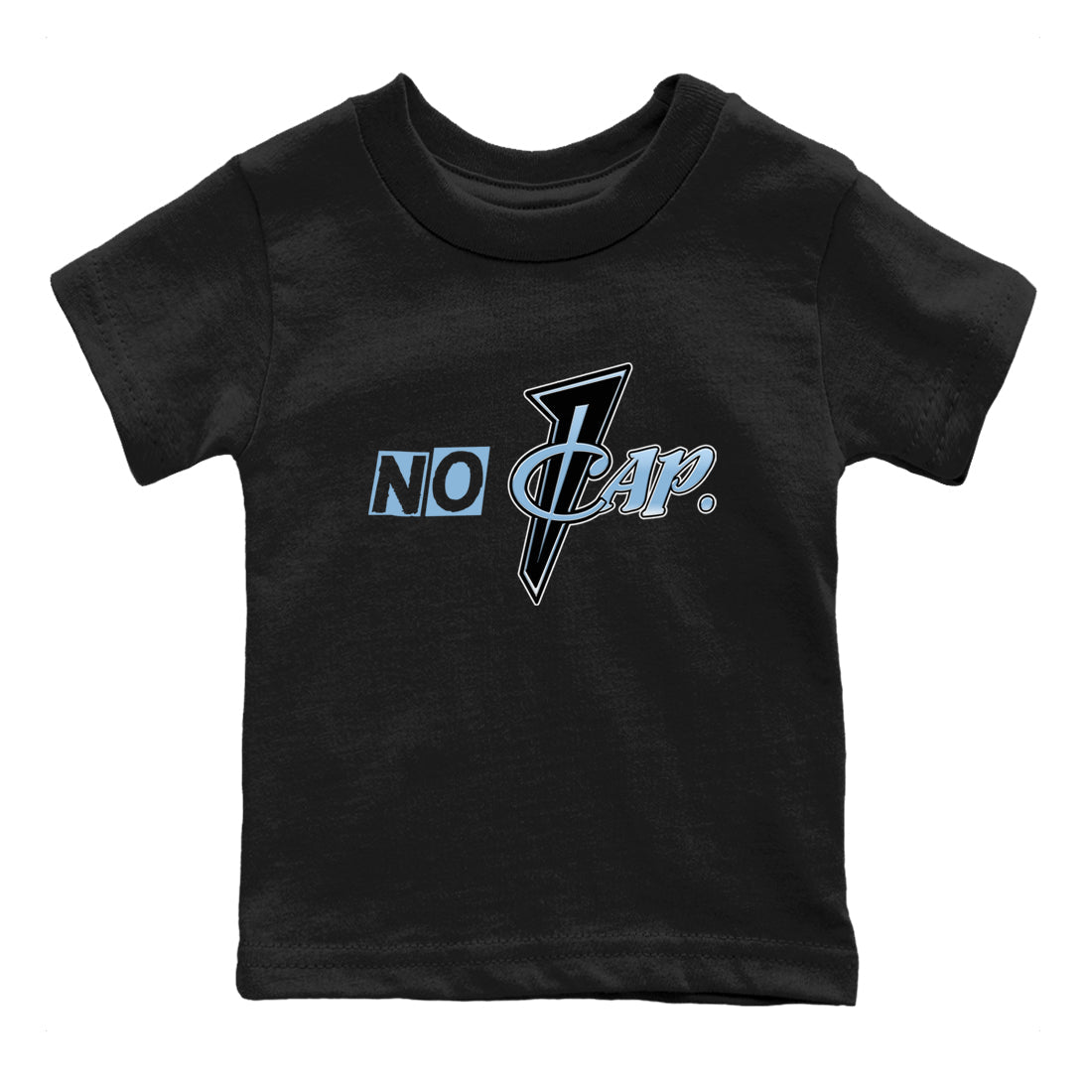 No Cap baby and kids t-shirt crafted for little sneakerheads to shine with the Air Foamposite One Psychic Blue sneakers, displayed in Black 2.