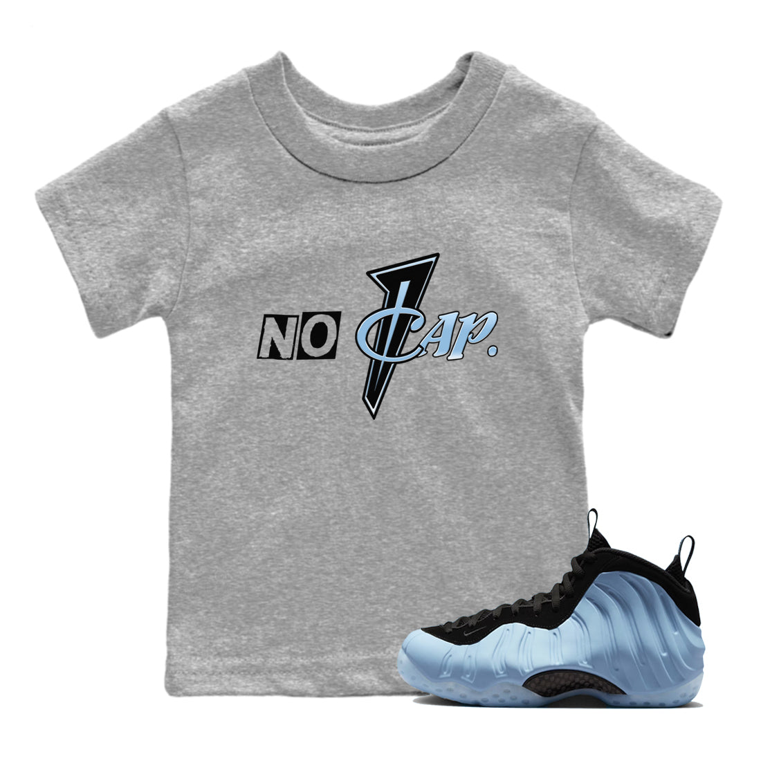 No Cap baby and kids t-shirt crafted for little sneakerheads to shine with the Air Foamposite One Psychic Blue sneakers, displayed in Heather Grey 1.