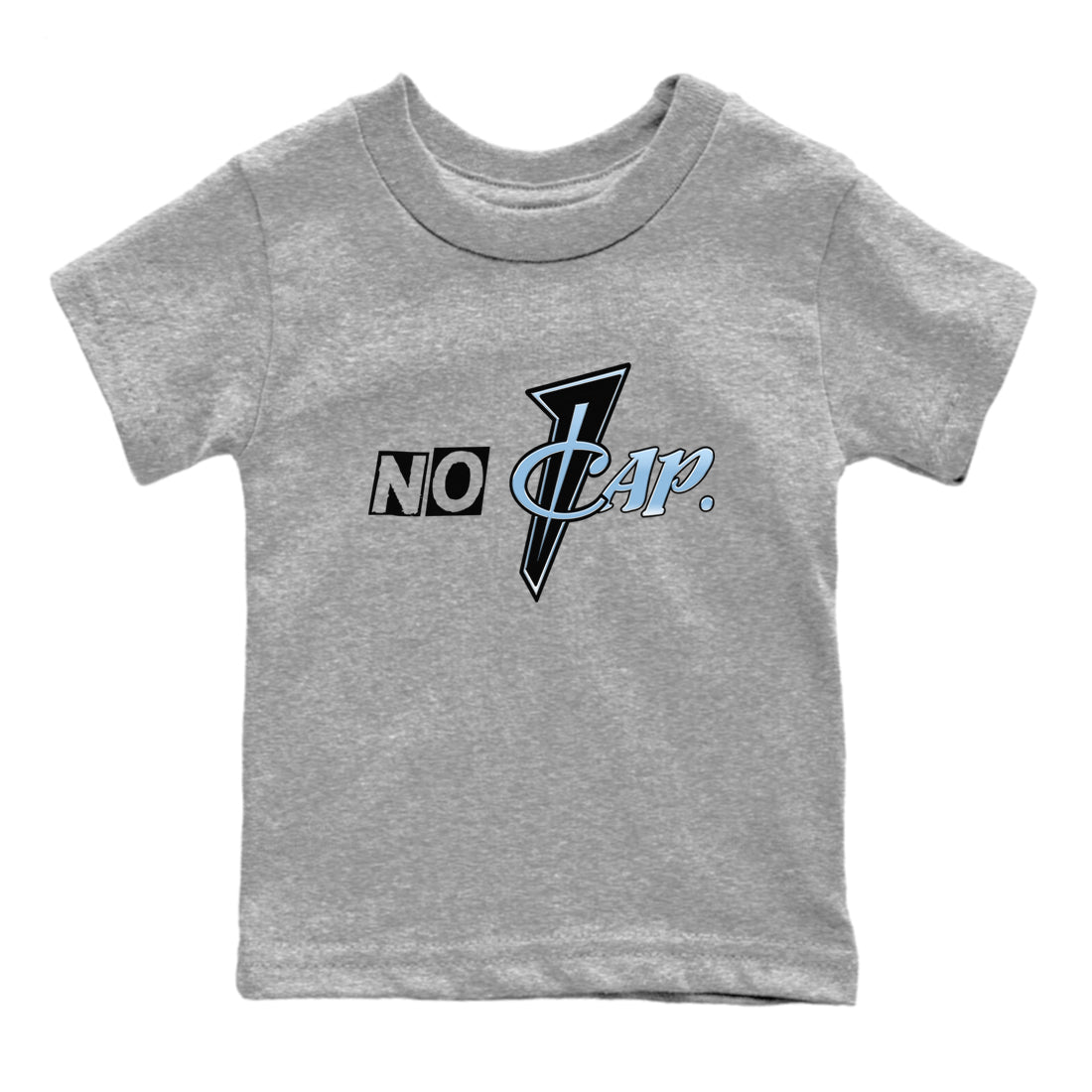 No Cap baby and kids t-shirt crafted for little sneakerheads to shine with the Air Foamposite One Psychic Blue sneakers, displayed in Heather Grey 2.