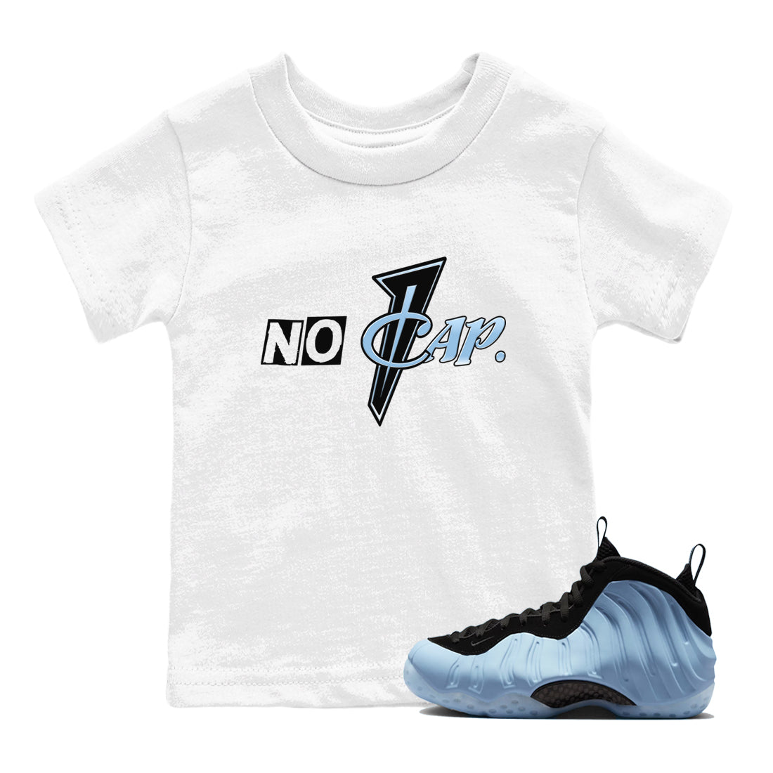 No Cap baby and kids t-shirt crafted for little sneakerheads to shine with the Air Foamposite One Psychic Blue sneakers, displayed in White 1.