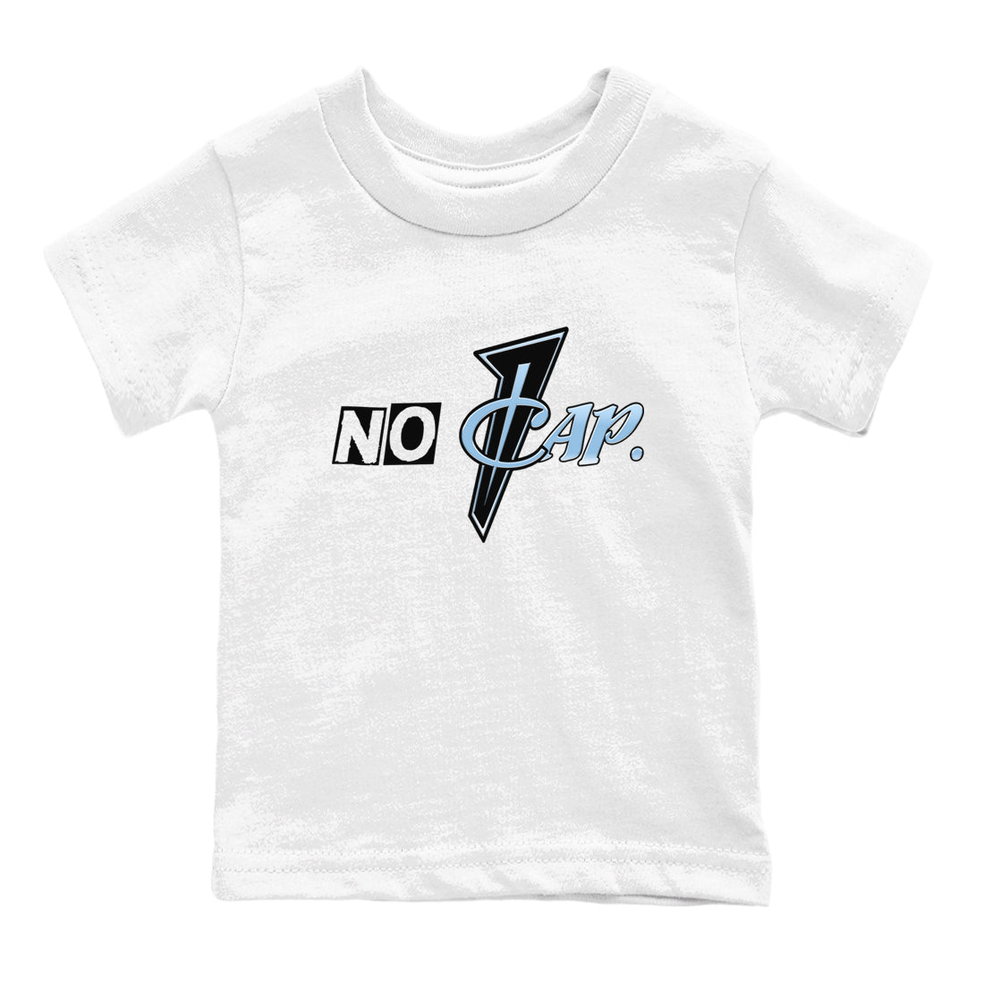 No Cap baby and kids t-shirt crafted for little sneakerheads to shine with the Air Foamposite One Psychic Blue sneakers, displayed in White 2.