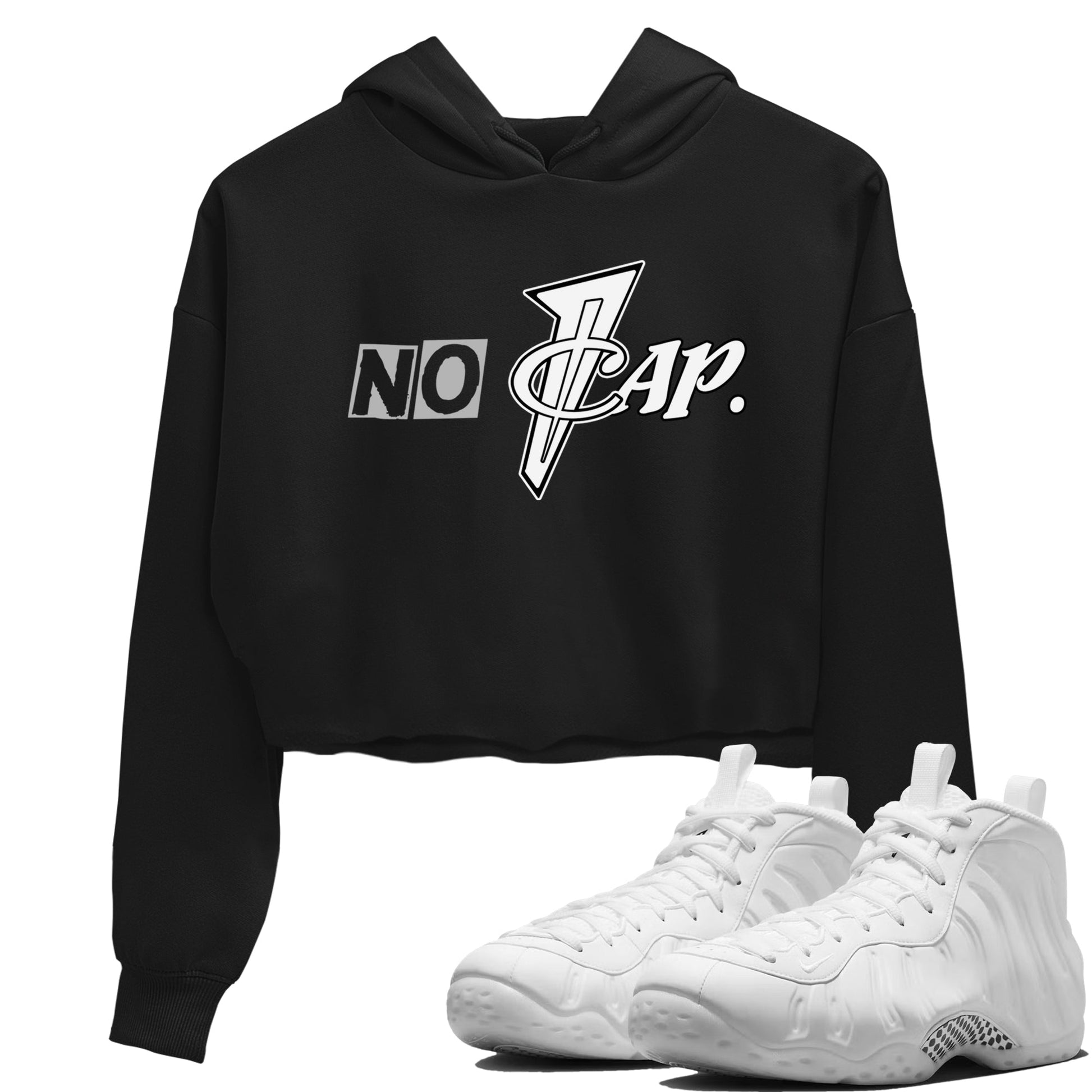 No Cap womens crop tee made to vibe with the Air Foamposite One Triple White sneakers — the perfect match in Black 1.