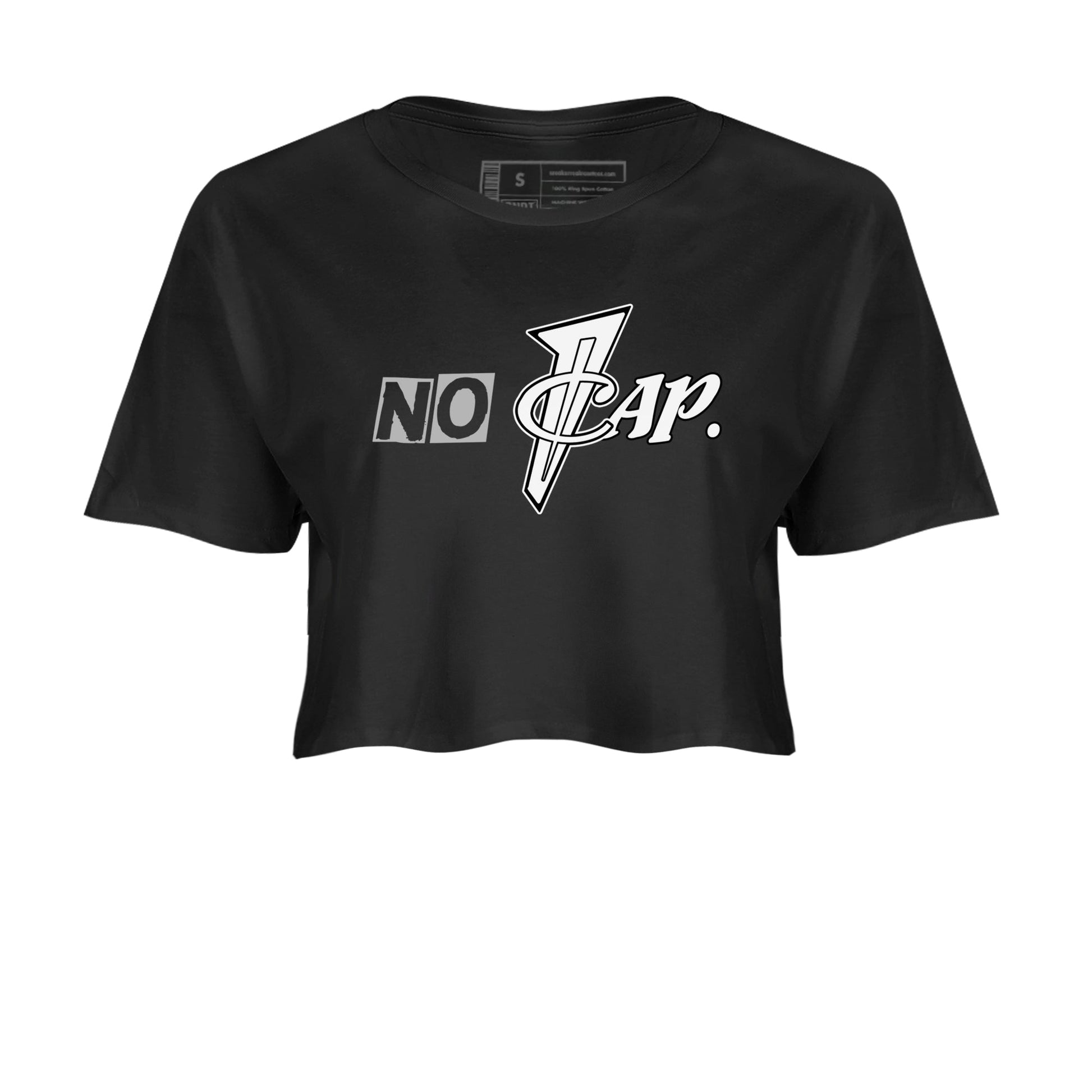 No Cap womens crop tee made to vibe with the Air Foamposite One Triple White sneakers — the perfect match in Black 2.