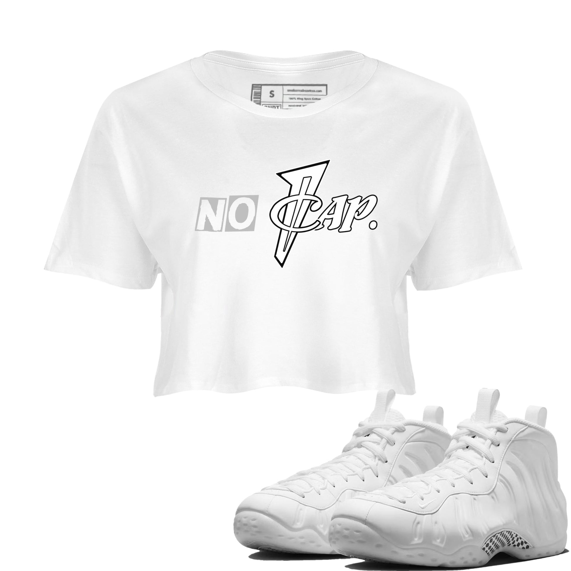 No Cap womens crop tee made to vibe with the Air Foamposite One Triple White sneakers — the perfect match in White 1.