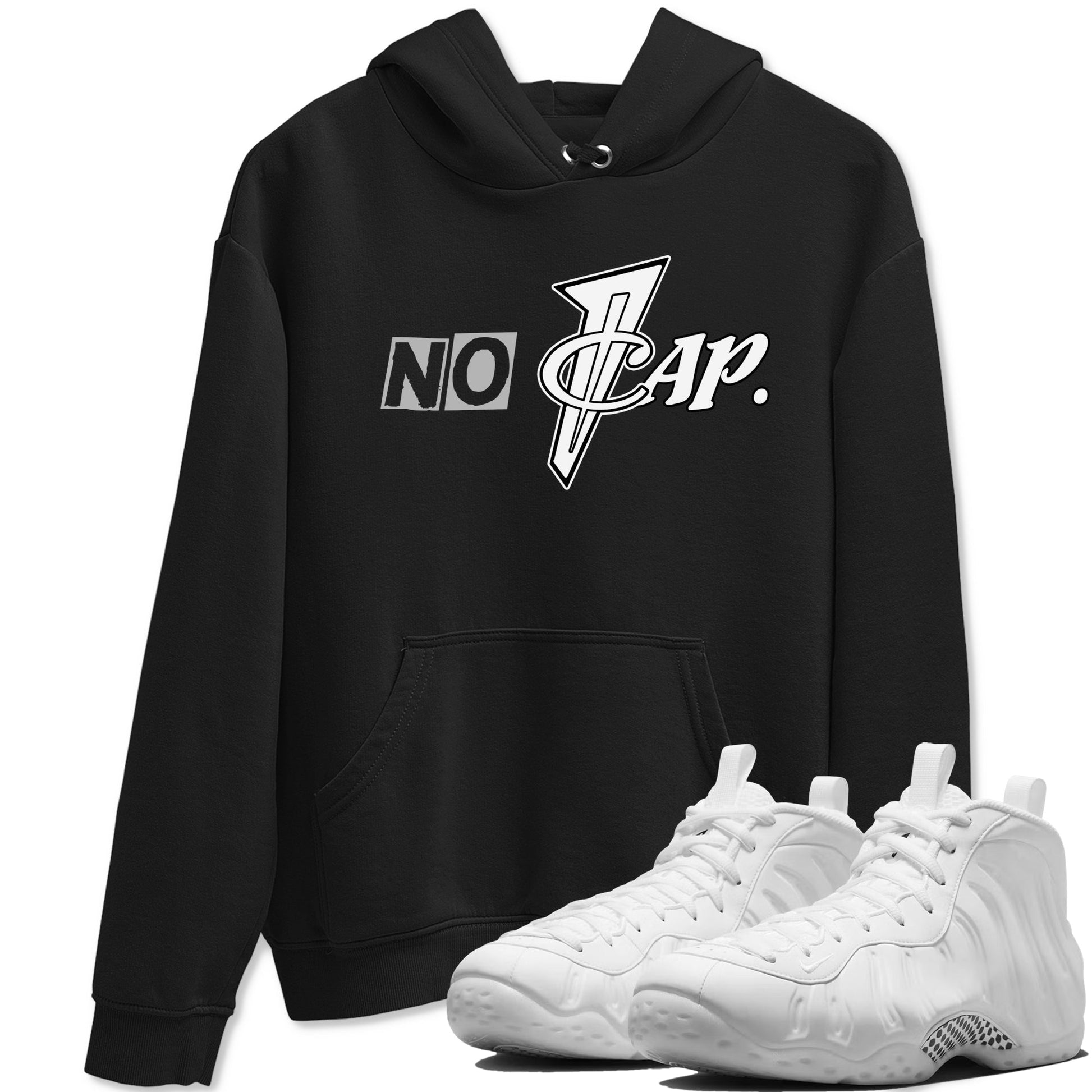 No Cap sneaker match t-shirt styled to complete your fit with the Air Foamposite One Triple White sneakers, shown in Black 1.