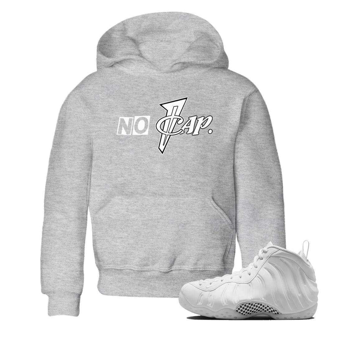 No Cap baby and kids t-shirt crafted for little sneakerheads to shine with the Air Foamposite One Triple White sneakers, displayed in Heather Grey 1.