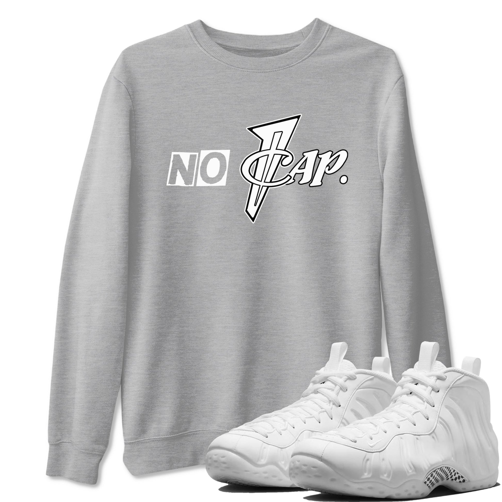 No Cap sneaker match t-shirt styled to complete your fit with the Air Foamposite One Triple White sneakers, shown in Heather Grey 1.