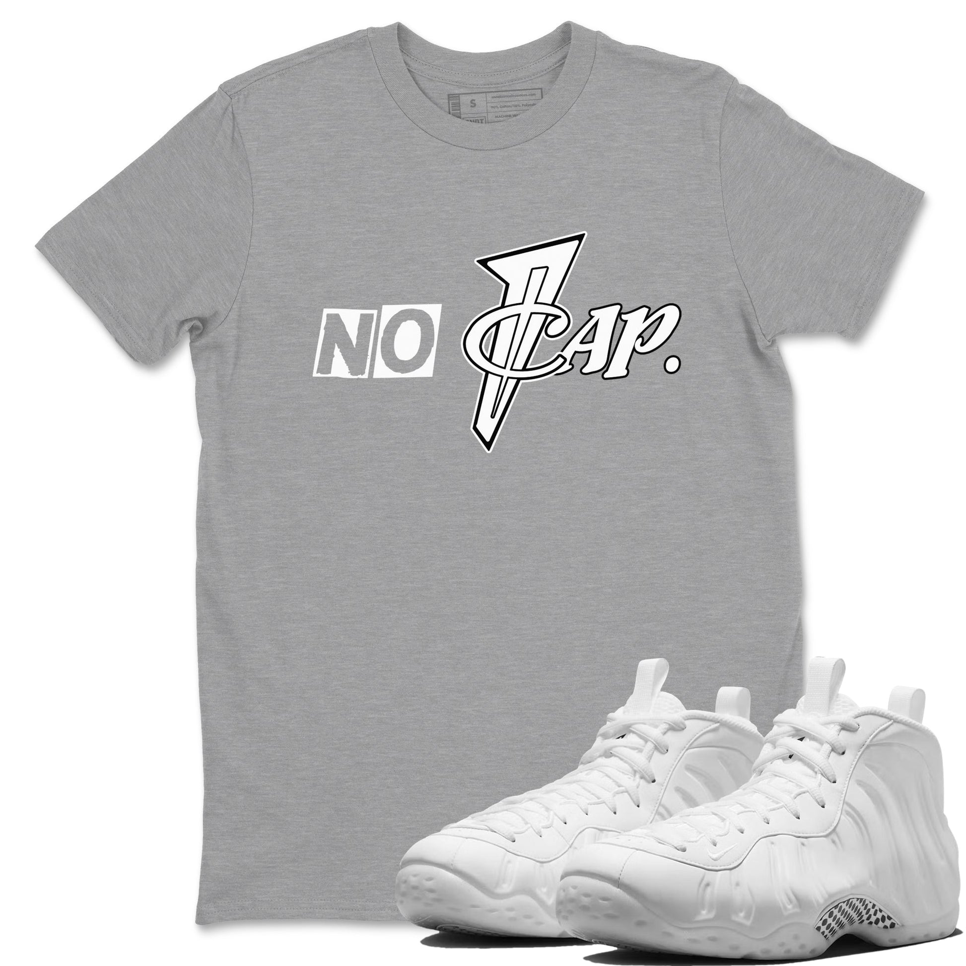 No Cap sneaker match t-shirt styled to complete your fit with the Air Foamposite One Triple White sneakers, shown in Heather Grey 1.