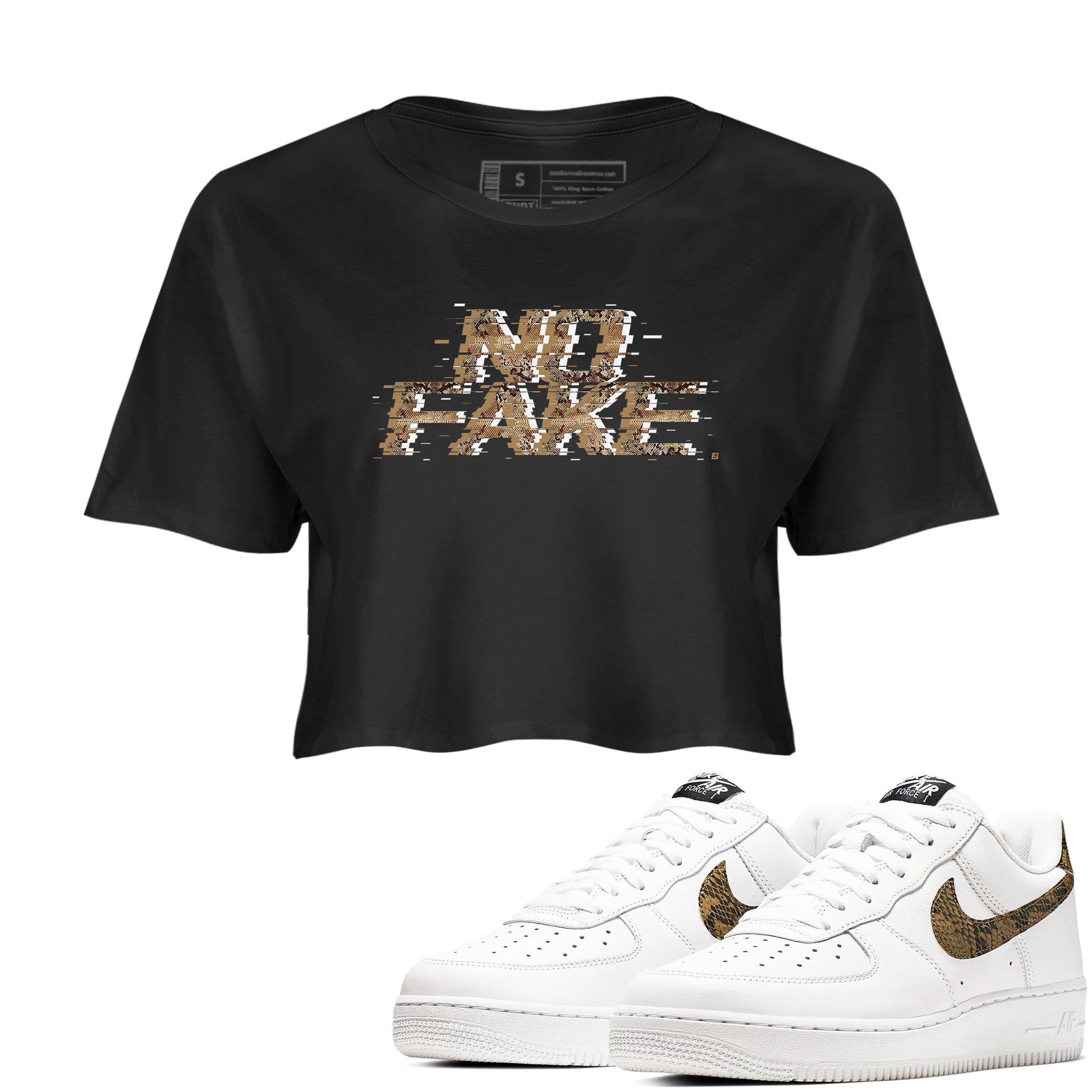 AF1 Ivory Snake shirt to match jordans No Fake Glitch sneaker tees Air Force 1 Ivory Snake SNRT Sneaker Release Tees Black 1 crop length shirt