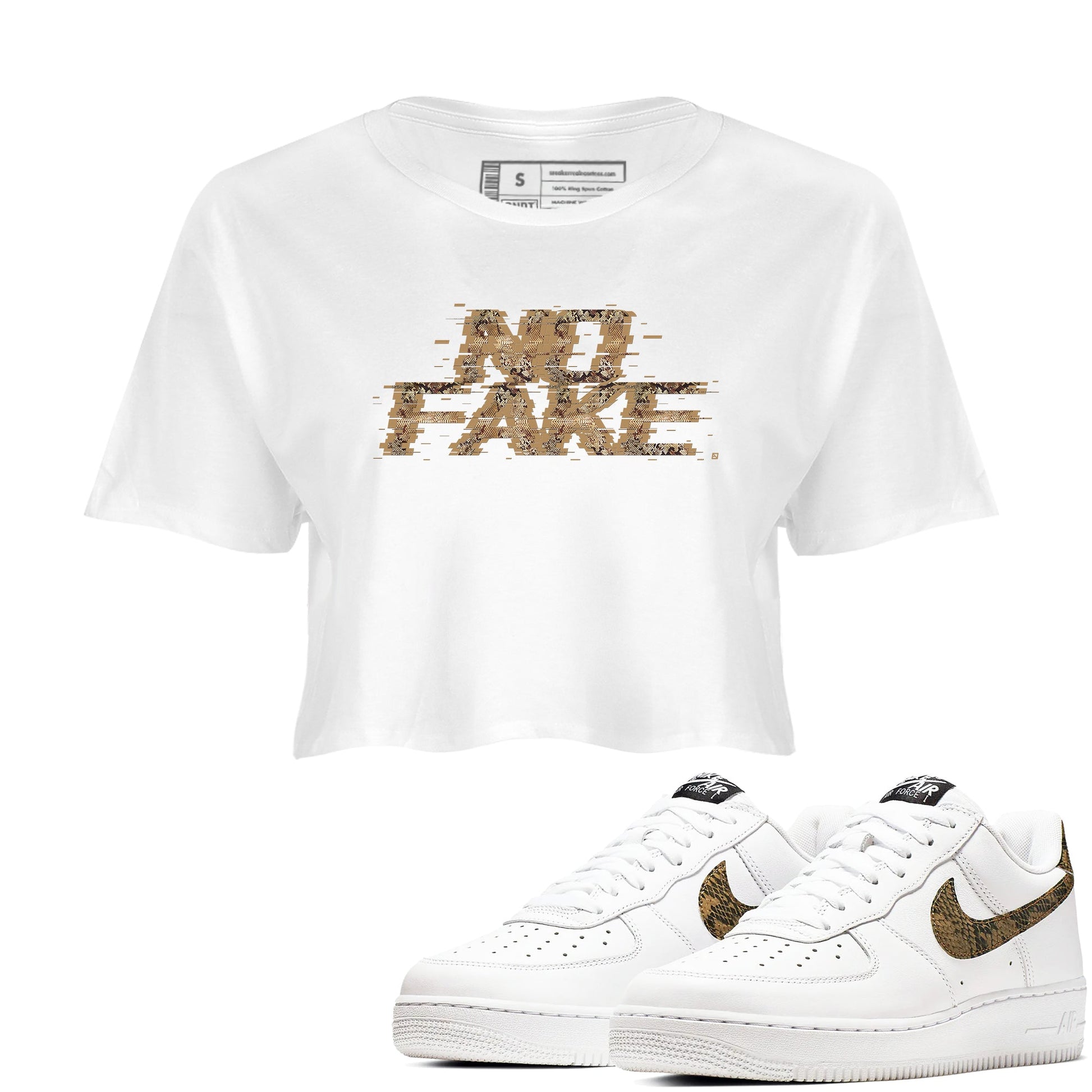 AF1 Ivory Snake shirt to match jordans No Fake Glitch sneaker tees Air Force 1 Ivory Snake SNRT Sneaker Release Tees White 1 crop length shirt
