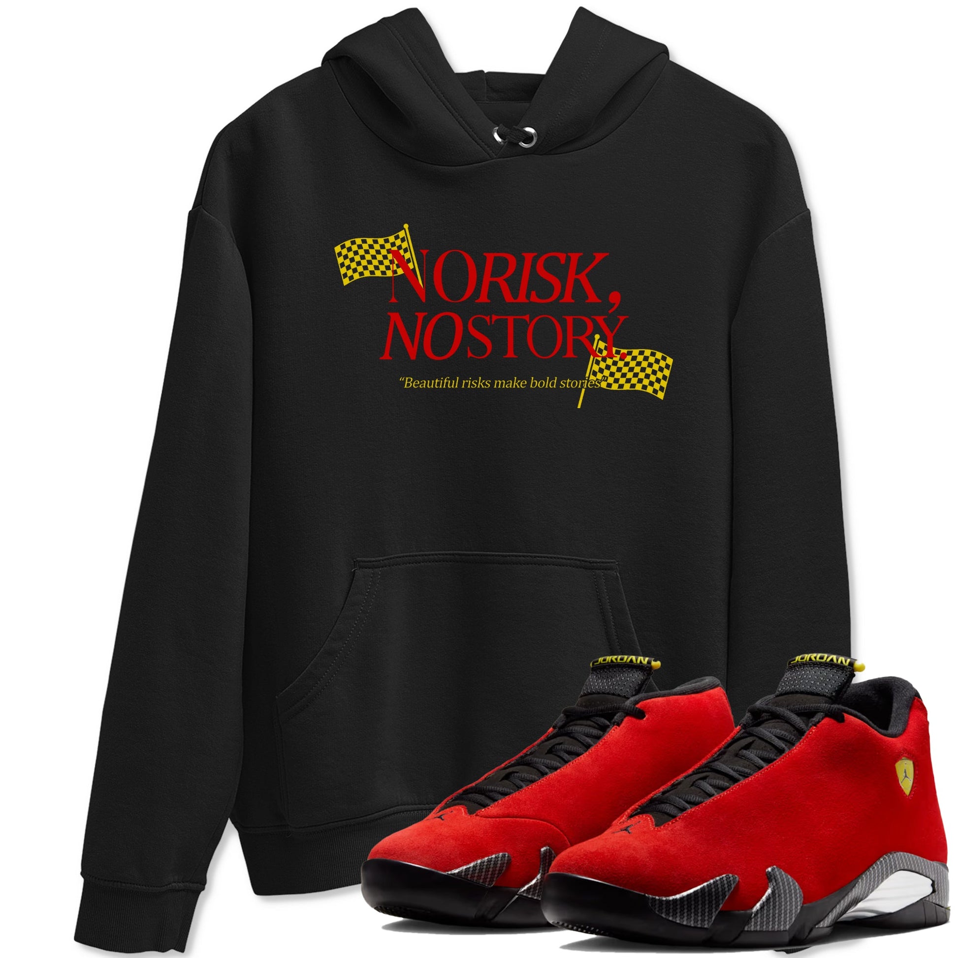 No Risk No Story sneaker match t-shirt styled to complete your fit with the Air Jordan 14 Challenge Red sneakers, AJ14 Ferrari, shown in Black 1.