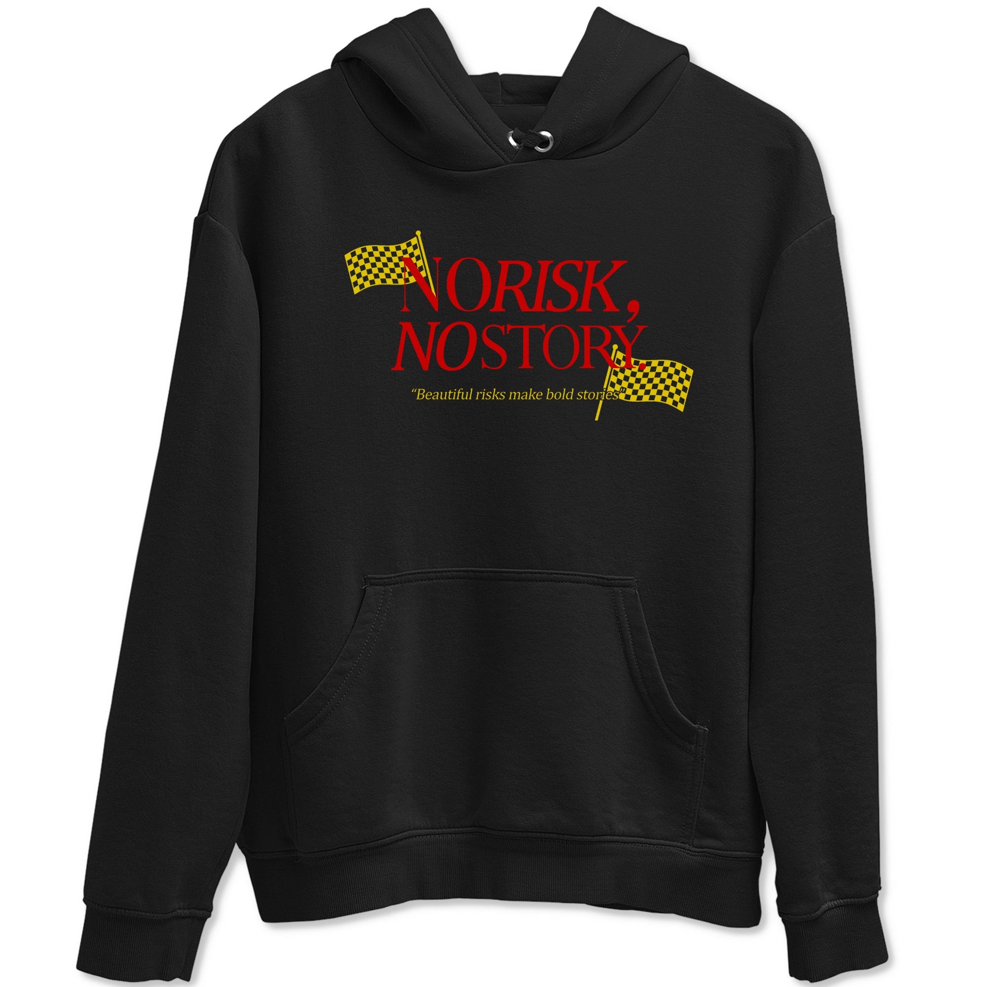 No Risk No Story sneaker match t-shirt styled to complete your fit with the Air Jordan 14 Challenge Red sneakers, AJ14 Ferrari, shown in Black 2.