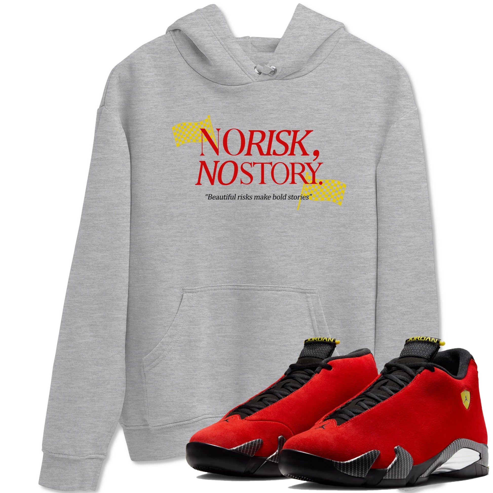 No Risk No Story sneaker match t-shirt styled to complete your fit with the Air Jordan 14 Challenge Red sneakers, AJ14 Ferrari, shown in Heather Grey 1.