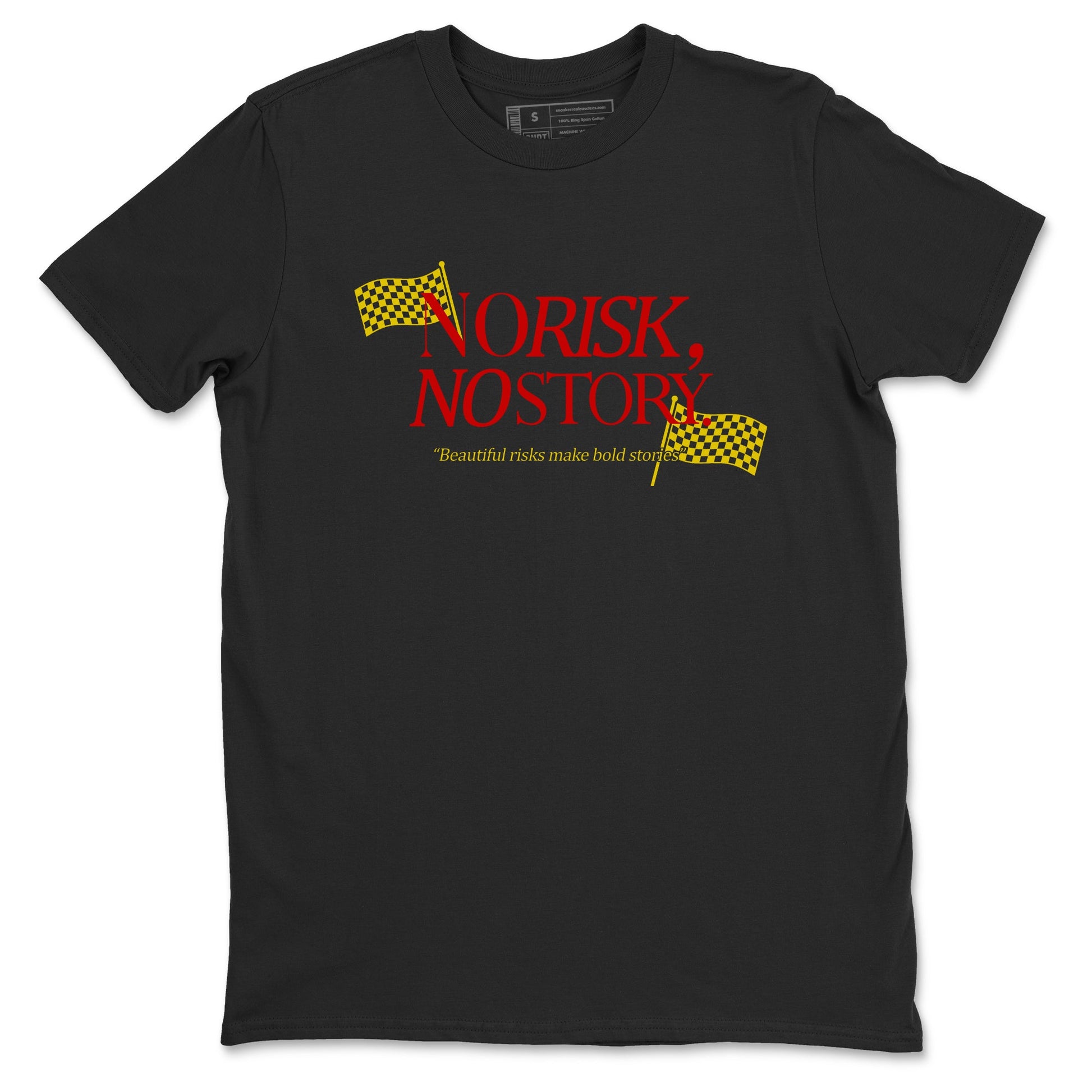 No Risk No Story sneaker match t-shirt styled to complete your fit with the Air Jordan 14 Challenge Red sneakers, AJ14 Ferrari, shown in Black 2.