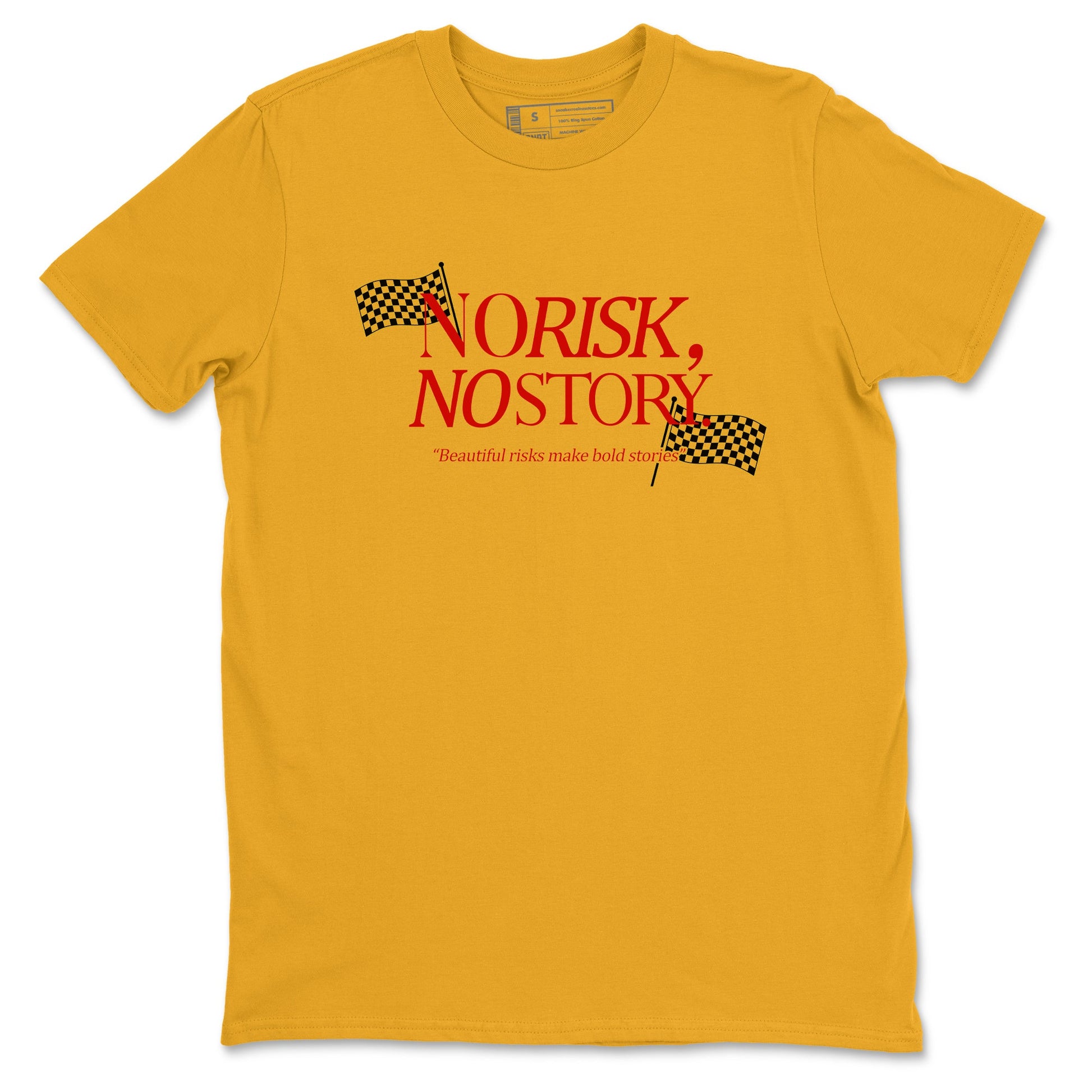 No Risk No Story sneaker match t-shirt styled to complete your fit with the Air Jordan 14 Challenge Red sneakers, AJ14 Ferrari, shown in Gold 2.