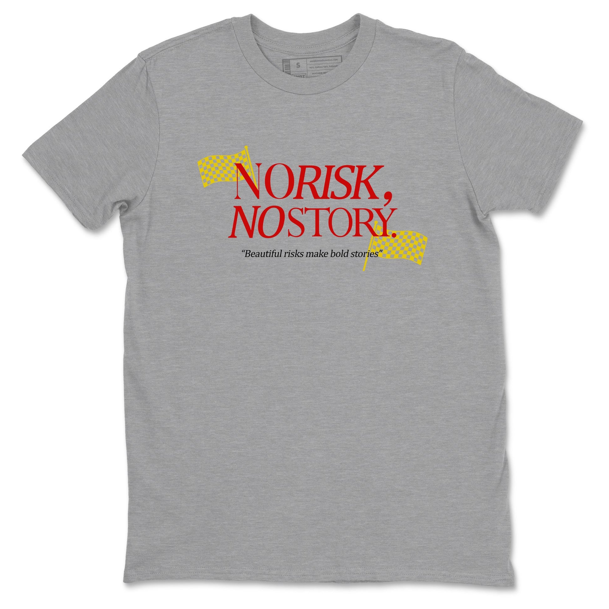 No Risk No Story sneaker match t-shirt styled to complete your fit with the Air Jordan 14 Challenge Red sneakers, AJ14 Ferrari, shown in Heather Grey 2.