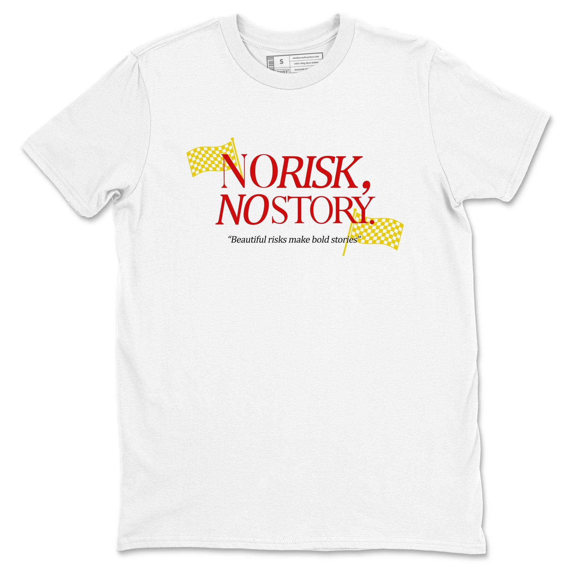 No Risk No Story sneaker match t-shirt styled to complete your fit with the Air Jordan 14 Challenge Red sneakers, AJ14 Ferrari, shown in White 2.