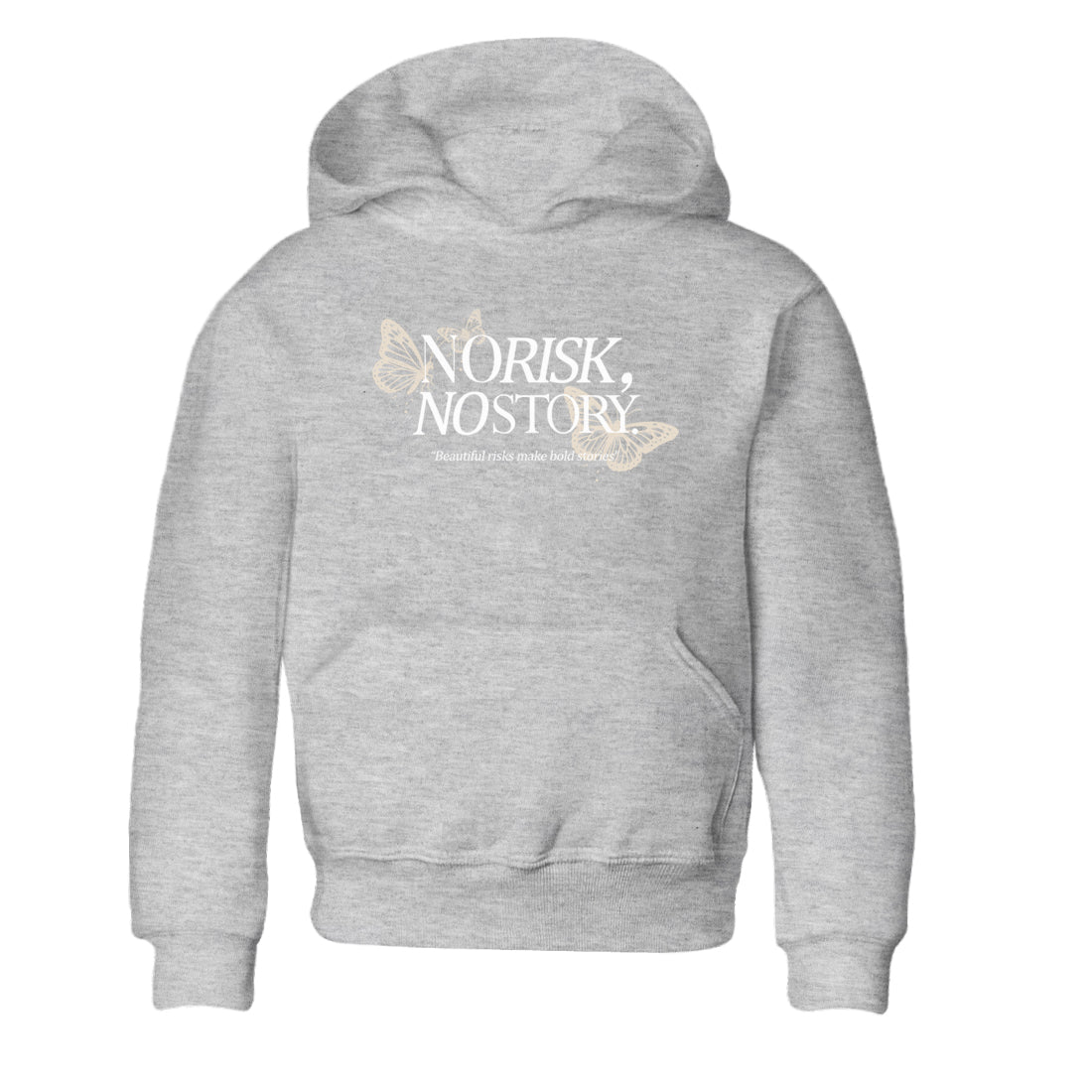 No Risk No Story baby and kids t-shirt crafted for little sneakerheads to shine with the Air Jordan 3 Pure Money sneakers, displayed in Heather Grey 2.