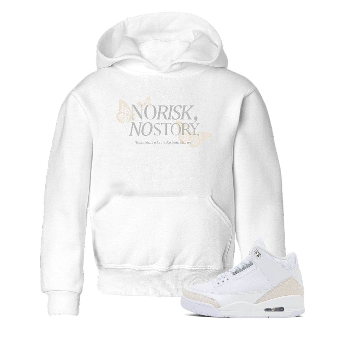 No Risk No Story baby and kids t-shirt crafted for little sneakerheads to shine with the Air Jordan 3 Pure Money sneakers, displayed in White 1.