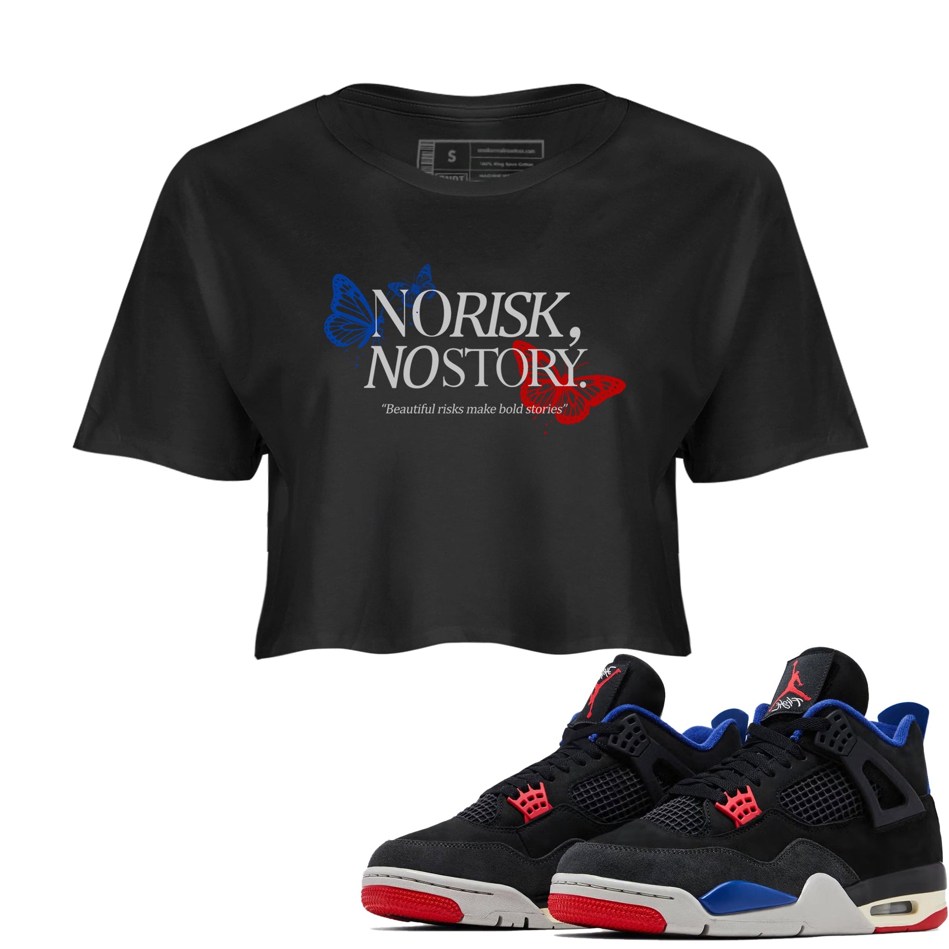 Sneaker match tees – Sneaker Tees To Match Jordan 4 Retro Rare Air Shoes – No Risk No Story Crop T-Shirt Black 1