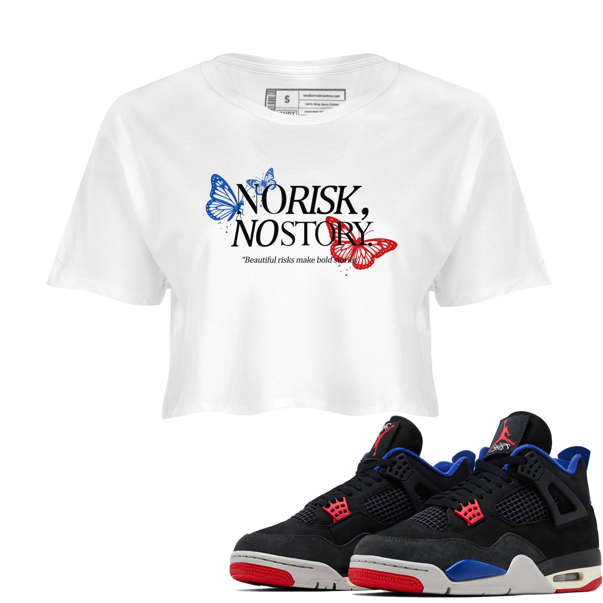 Sneaker match tees – Sneaker Tees To Match Jordan 4 Retro Rare Air Shoes – No Risk No Story Crop T-Shirt White 1