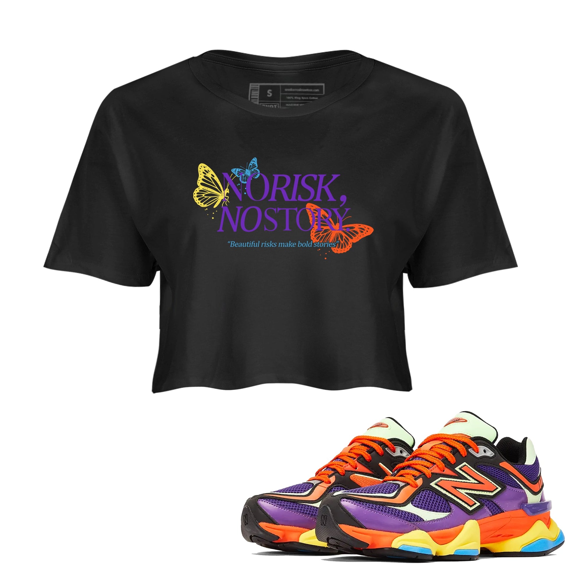 Sneaker Threads – Sneaker Tees To Match New Balance 9060 Prism Purple – No Risk No Story Crop Tee Black 1. Perfect for Jordan releases 2025 colorways.