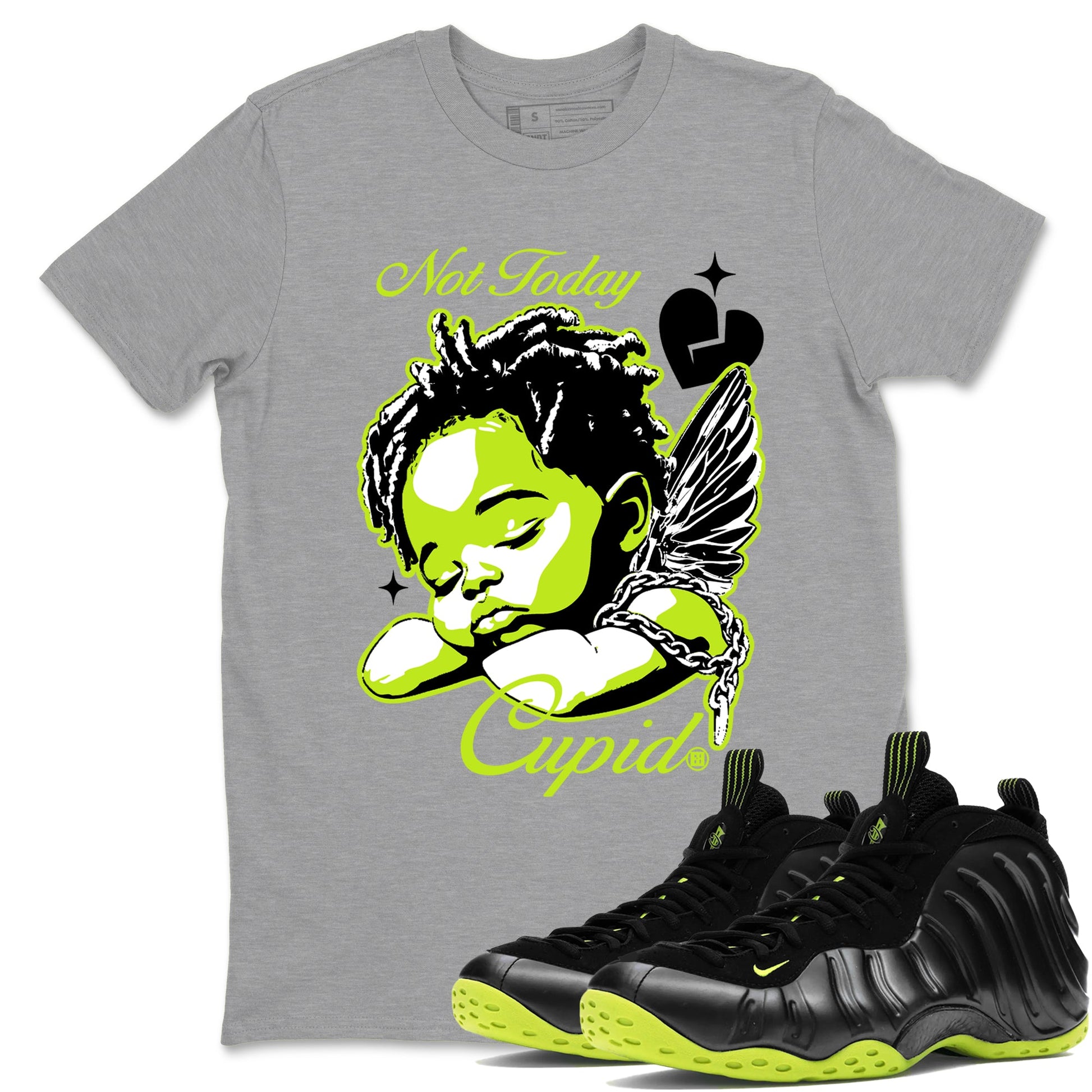 Foams One Black Volt shirts to match jordans Not Today Cupid sneaker match tees Air Foamposite One Black and Volt match shoes to clothes SNRT Sneaker Tees unisex cotton Heather Grey 1 shirts