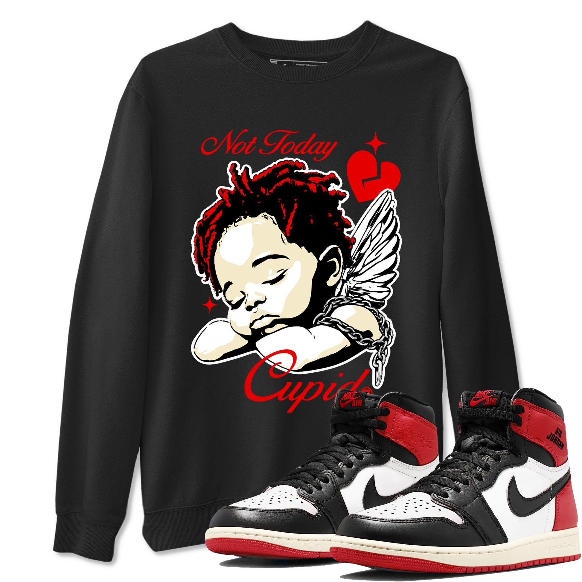 1s Black Toe Reimagined shirts to match jordans Not Today Cupid sneaker match tees Air Jordan 1 Black Toe Reimagined best t shirts to wear with jordans SNRT Sneaker Tees unisex cotton Black 1 shirts