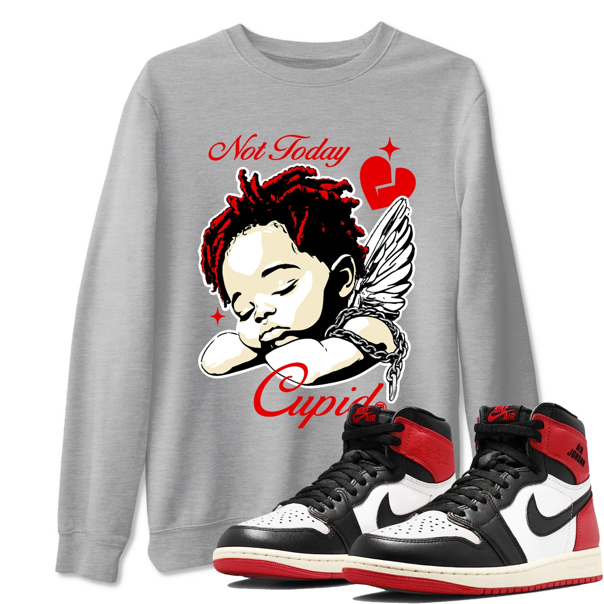 1s Black Toe Reimagined shirts to match jordans Not Today Cupid sneaker match tees Air Jordan 1 Black Toe Reimagined best t shirts to wear with jordans SNRT Sneaker Tees unisex cotton Heather Grey 1 shirts