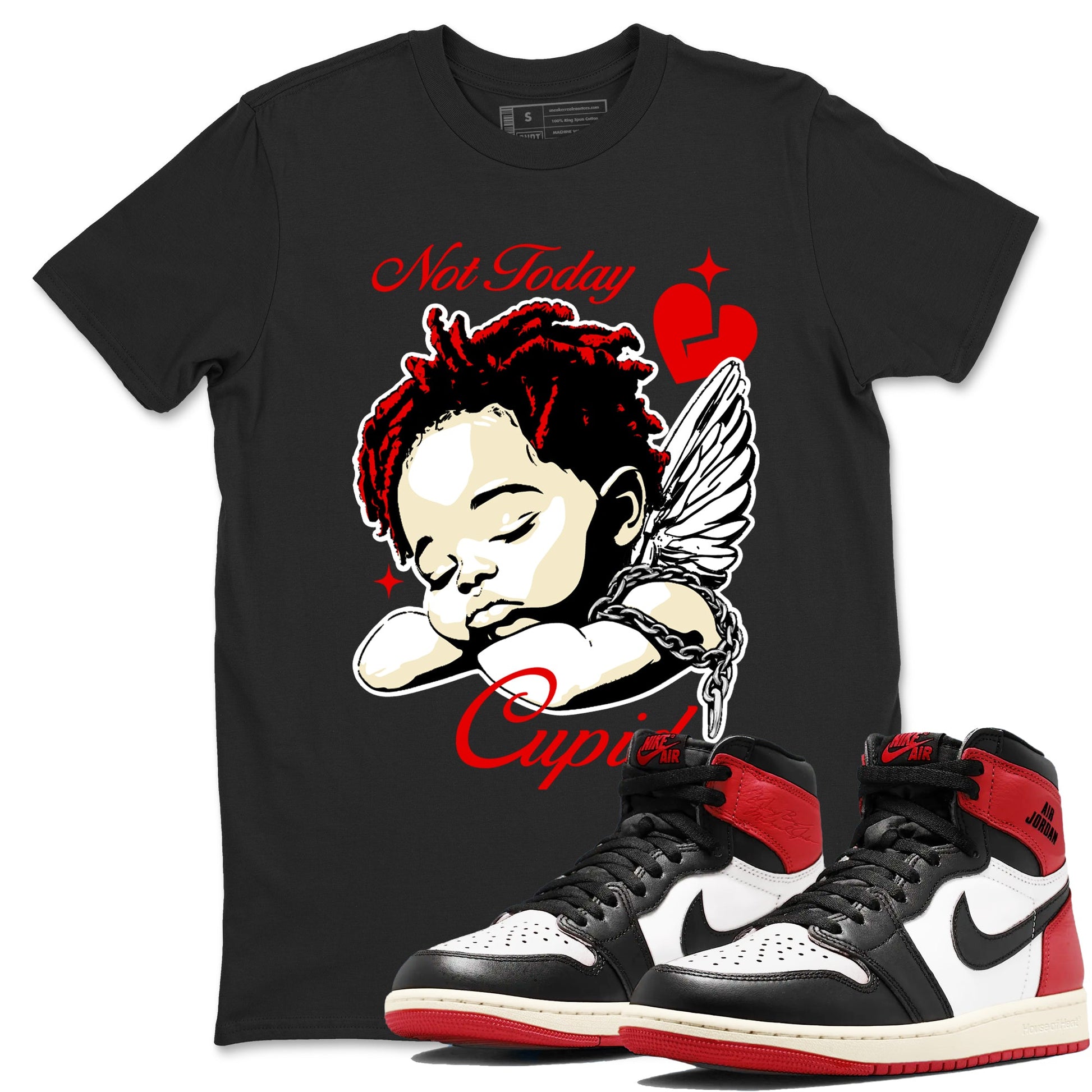 1s Black Toe Reimagined shirts to match jordans Not Today Cupid sneaker match tees Air Jordan 1 Black Toe Reimagined best t shirts to wear with jordans SNRT Sneaker Tees unisex cotton Black 1 shirts
