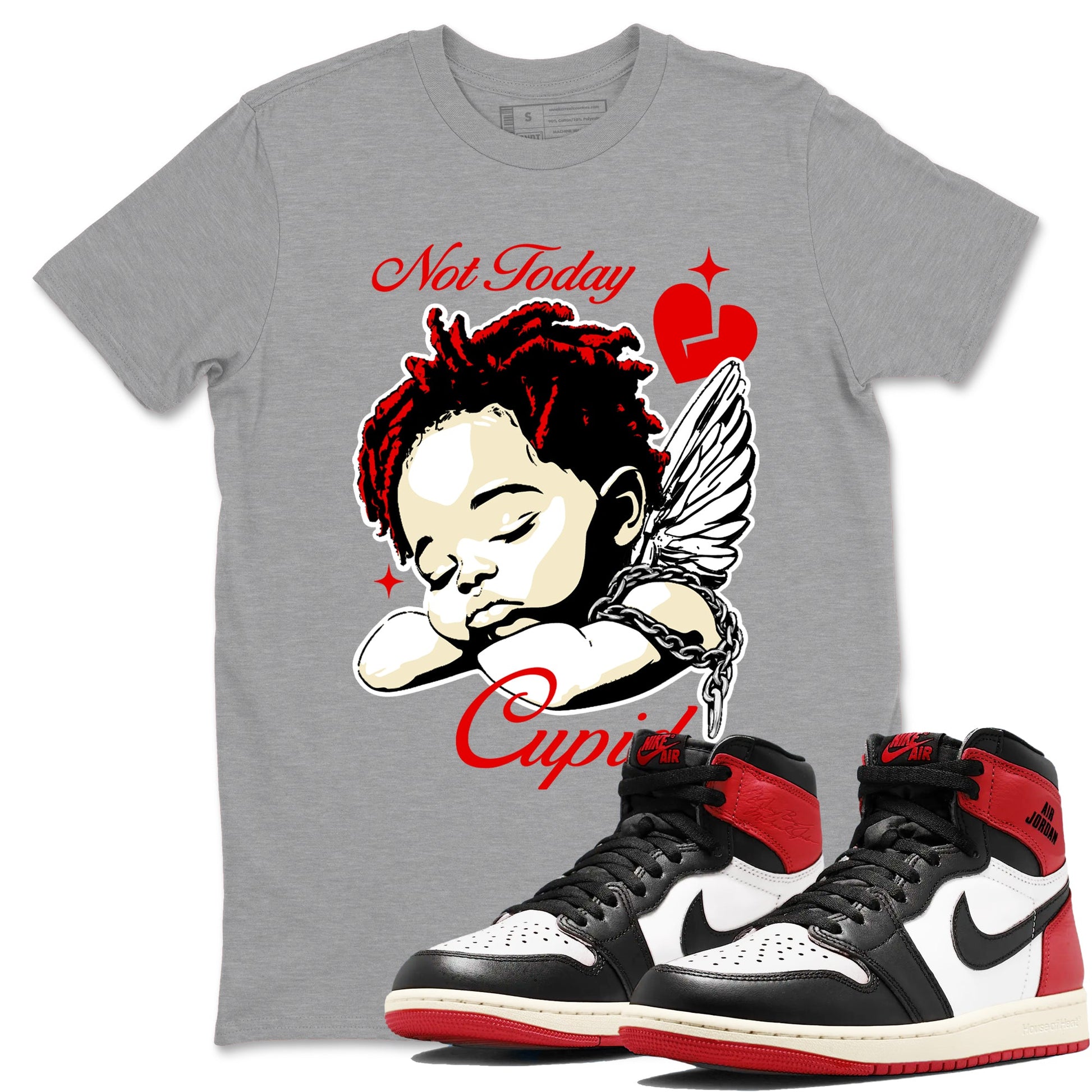 1s Black Toe Reimagined shirts to match jordans Not Today Cupid sneaker match tees Air Jordan 1 Black Toe Reimagined best t shirts to wear with jordans SNRT Sneaker Tees unisex cotton Heather Grey 1 shirts