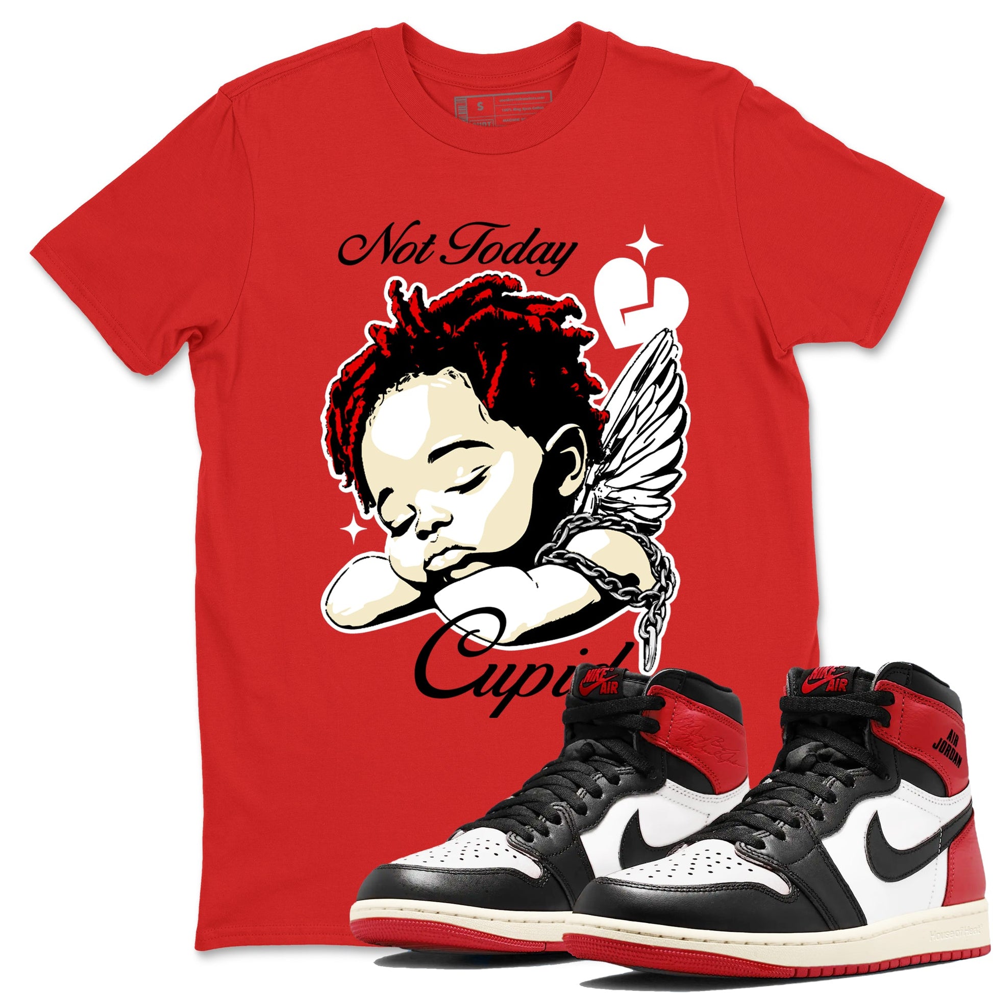 1s Black Toe Reimagined shirts to match jordans Not Today Cupid sneaker match tees Air Jordan 1 Black Toe Reimagined best t shirts to wear with jordans SNRT Sneaker Tees unisex cotton Red 1 shirts