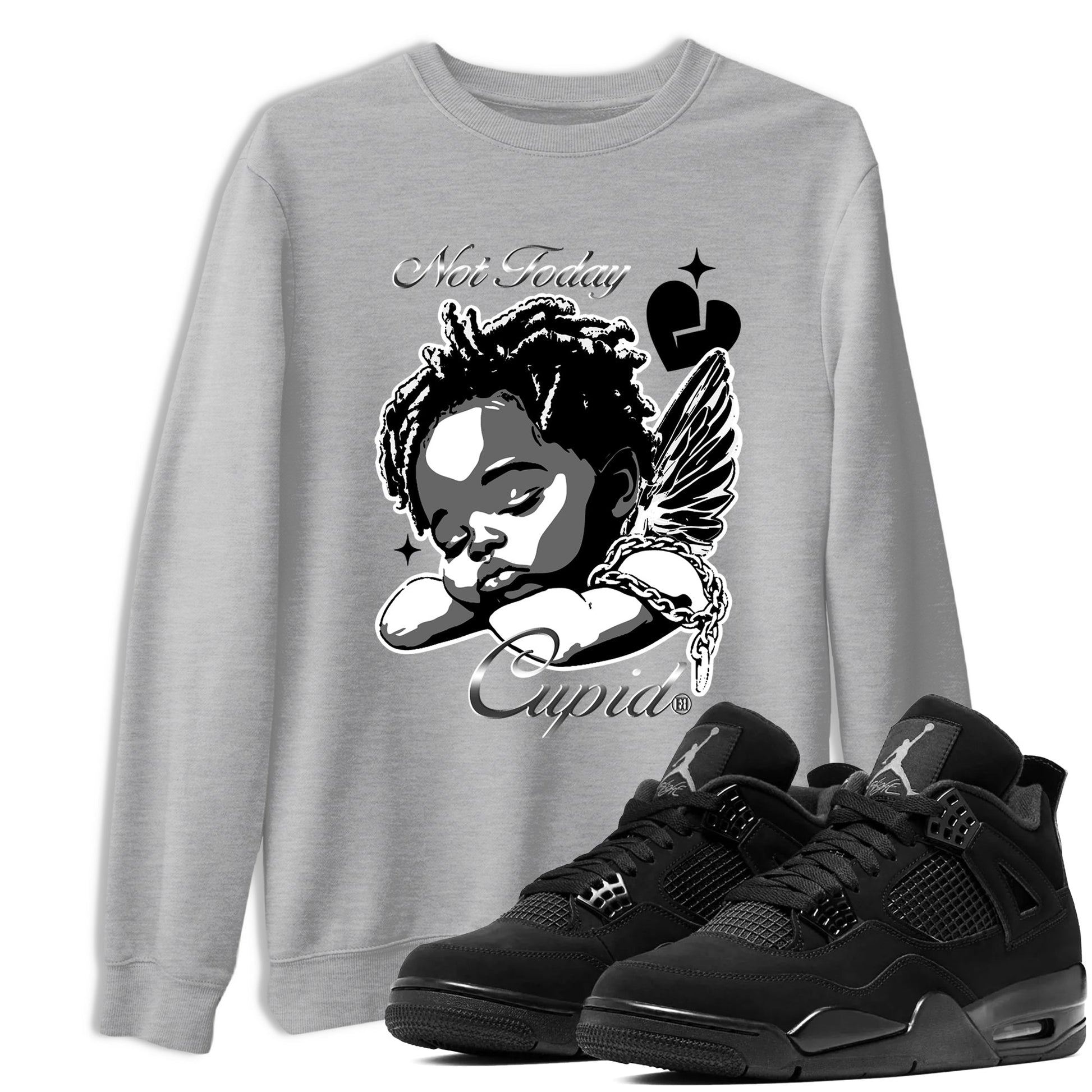 4s Black Cat Sneaker match tees – Sneaker Tees To Match Air Jordan 4 Black Cat Shoes – Not Today Cupid Tee Heather Grey 1