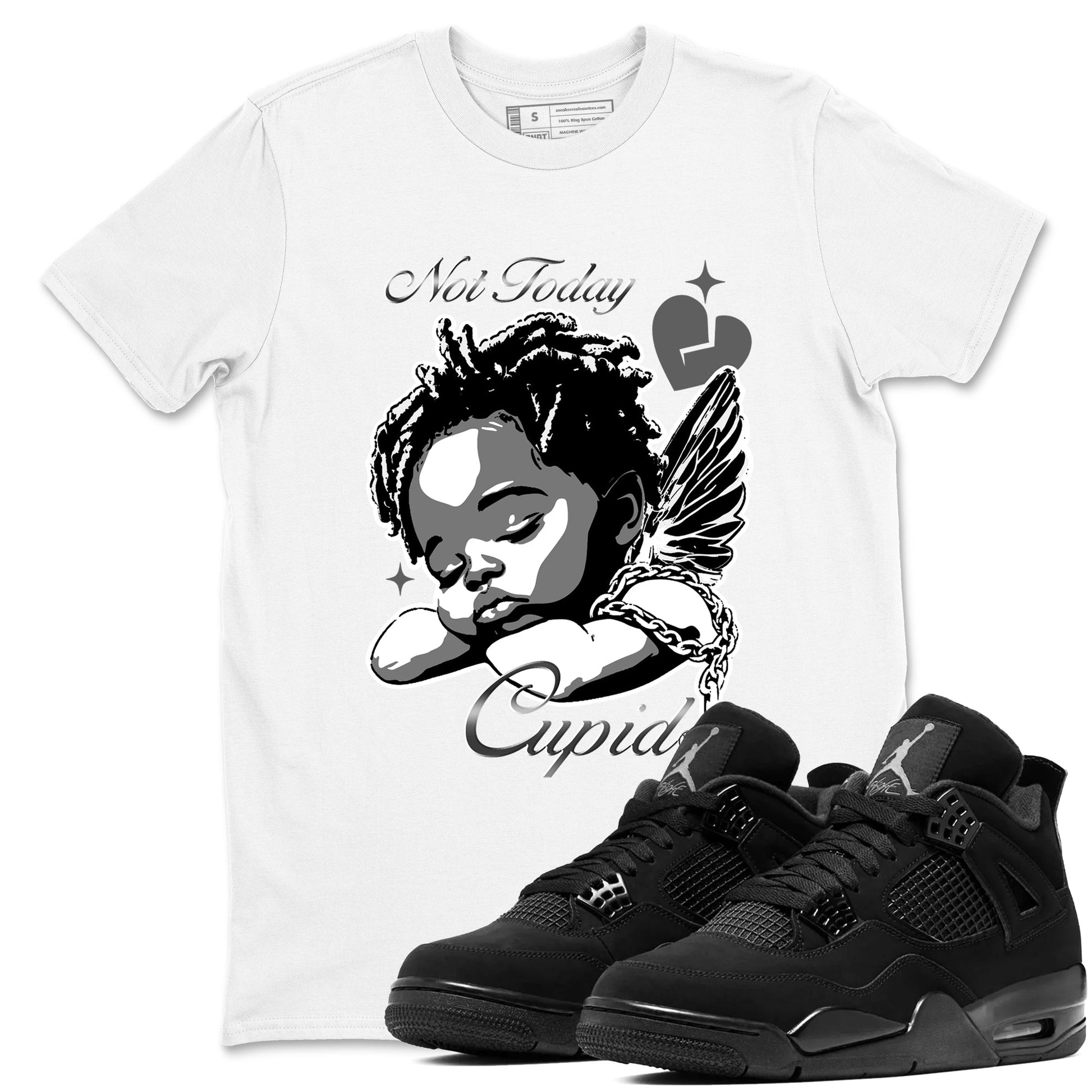 4s Black Cat Sneaker match tees – Sneaker Tees To Match Air Jordan 4 Black Cat Shoes – Not Today Cupid Tee White 1