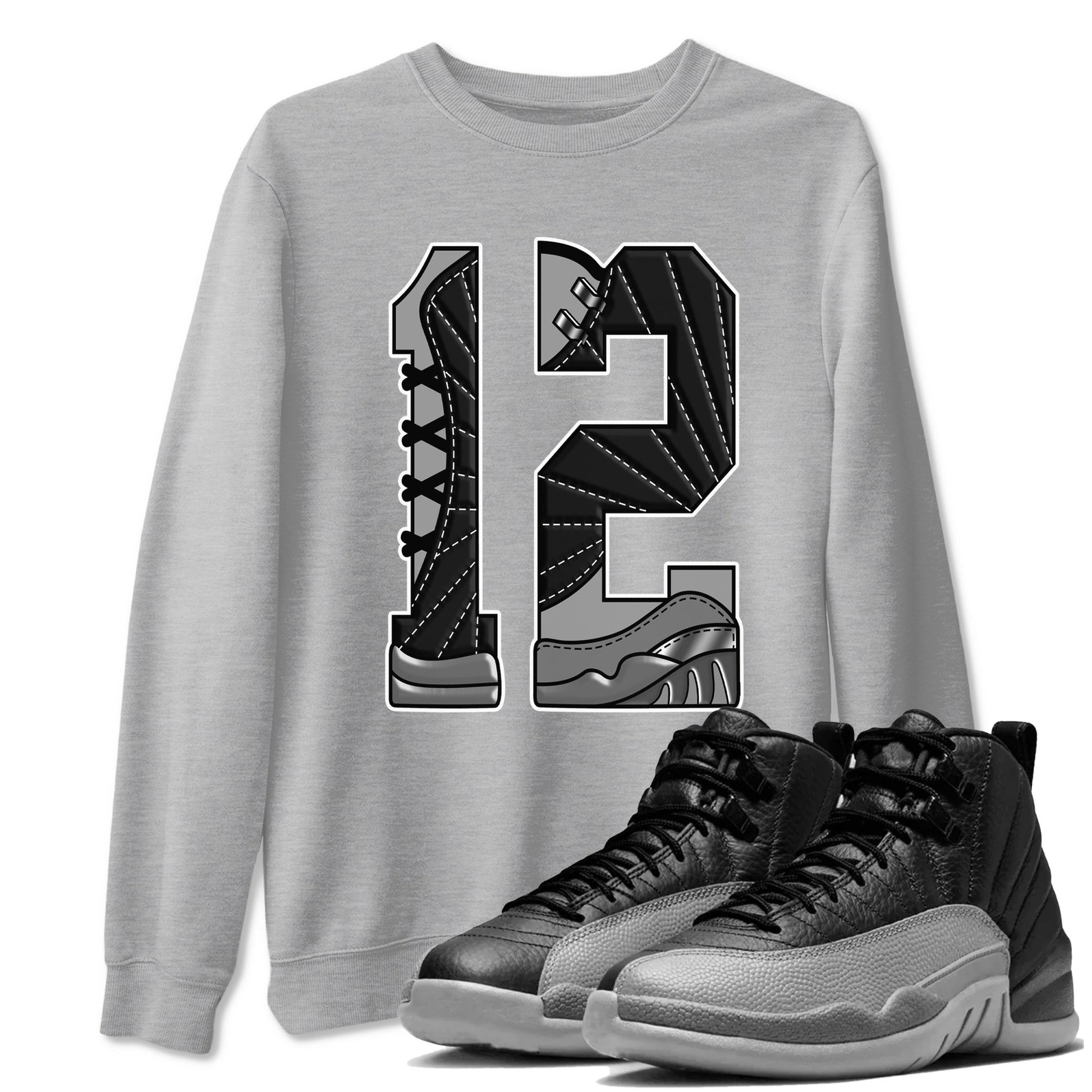12s Black Wolf Grey shirts to match jordans Number 12 sneaker match tees Air Jordan 12 Black Wolf Grey SNRT Sneaker Release Tees unisex cotton Heather Grey 1 crew neck shirts