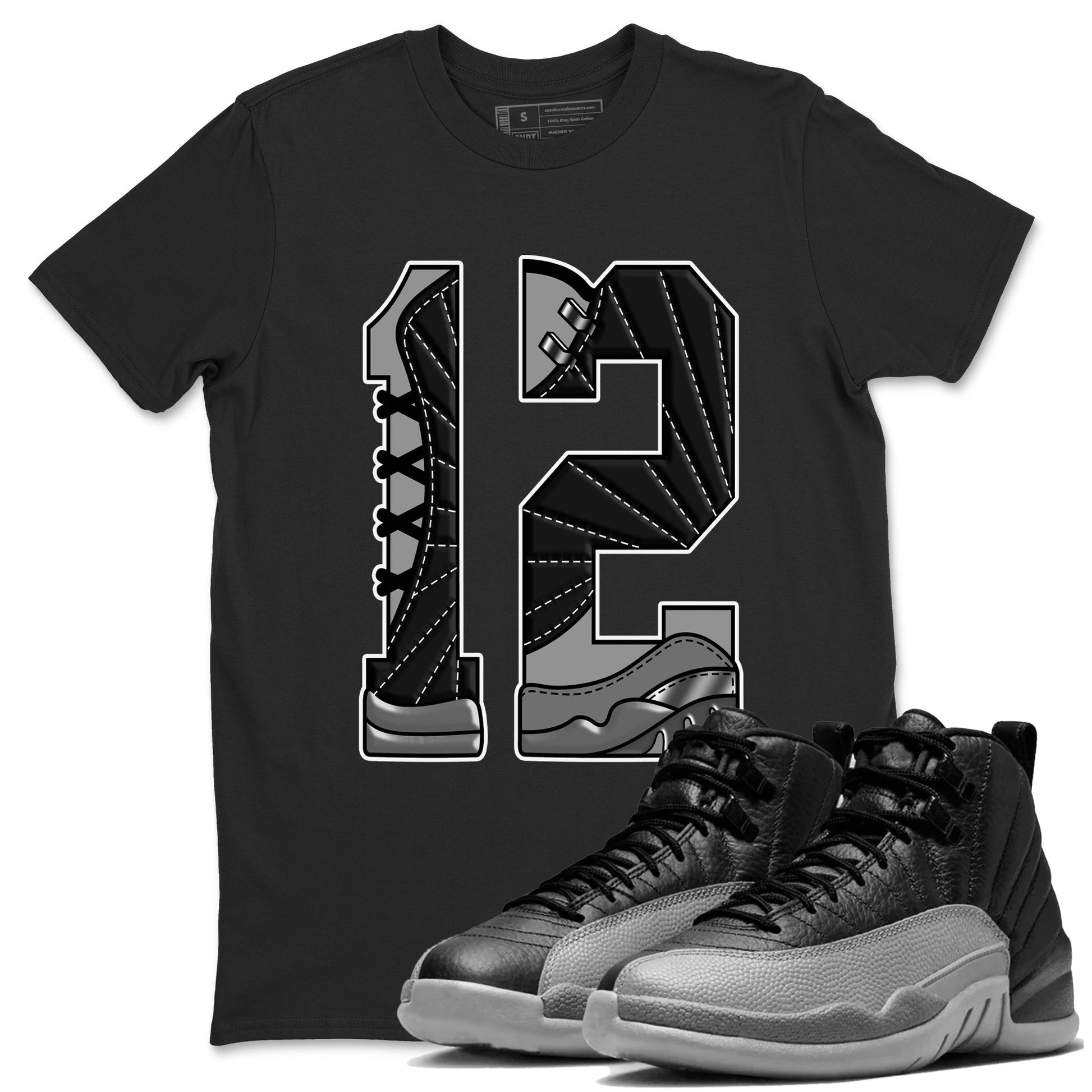 12s Black Wolf Grey shirts to match jordans Number 12 sneaker match tees Air Jordan 12 Black Wolf Grey SNRT Sneaker Release Tees unisex cotton Black 1 crew neck shirts