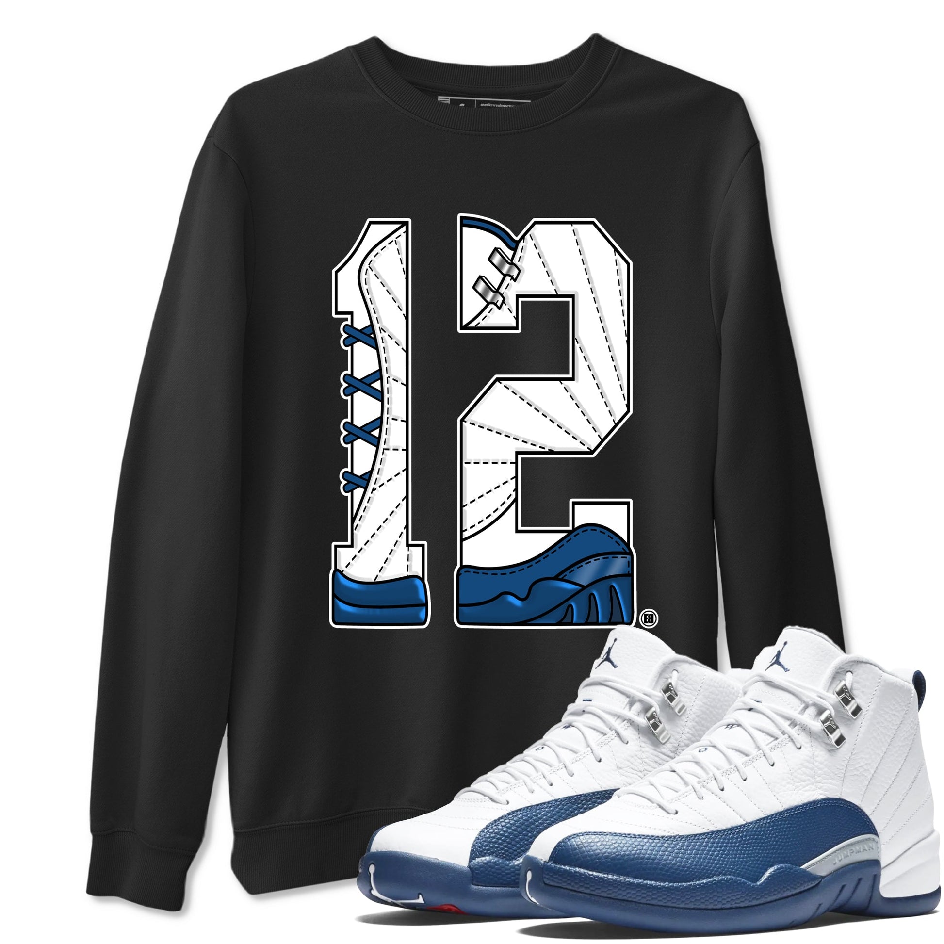 Number 12 sneaker match t-shirt styled to complete your fit with the Air Jordan 12 French Blue sneakers, graphic shirts in Black 1.