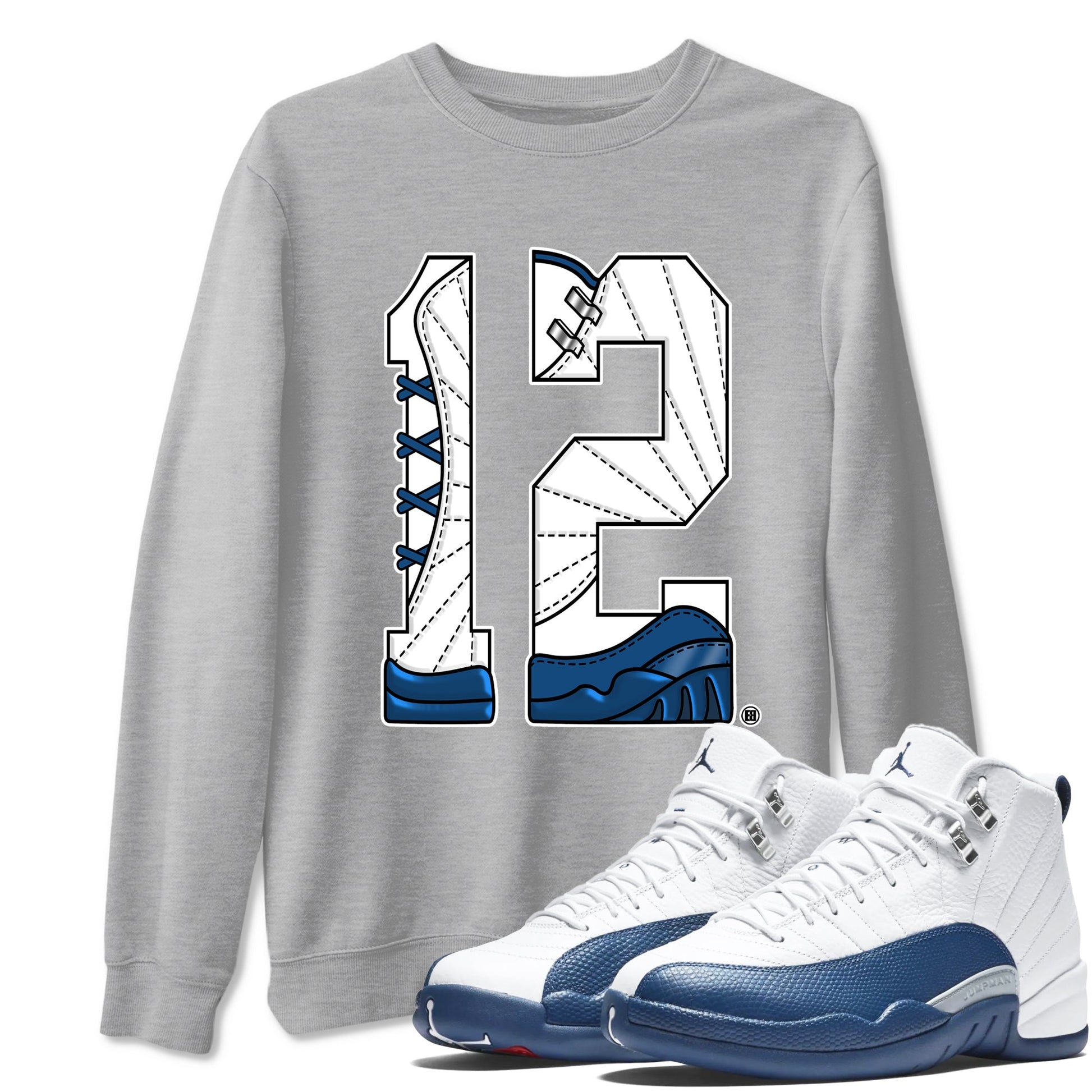 Number 12 sneaker match t-shirt styled to complete your fit with the Air Jordan 12 French Blue sneakers, graphic shirts in Heather Grey 1.