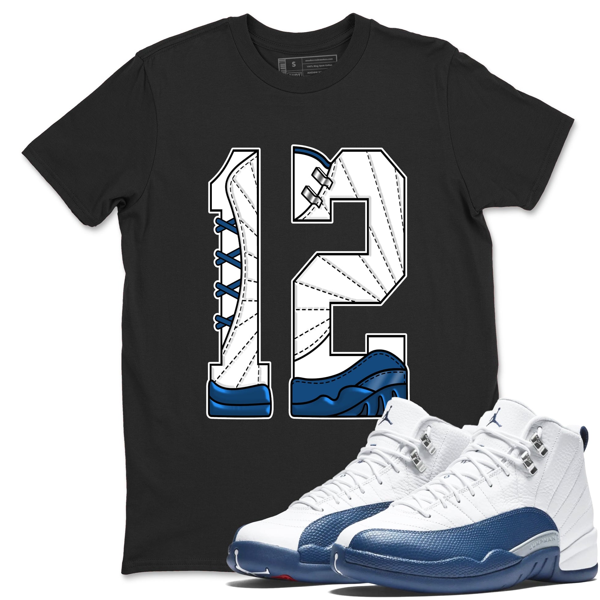 Number 12 sneaker match t-shirt styled to complete your fit with the Air Jordan 12 French Blue sneakers, graphic shirts in Black 1.