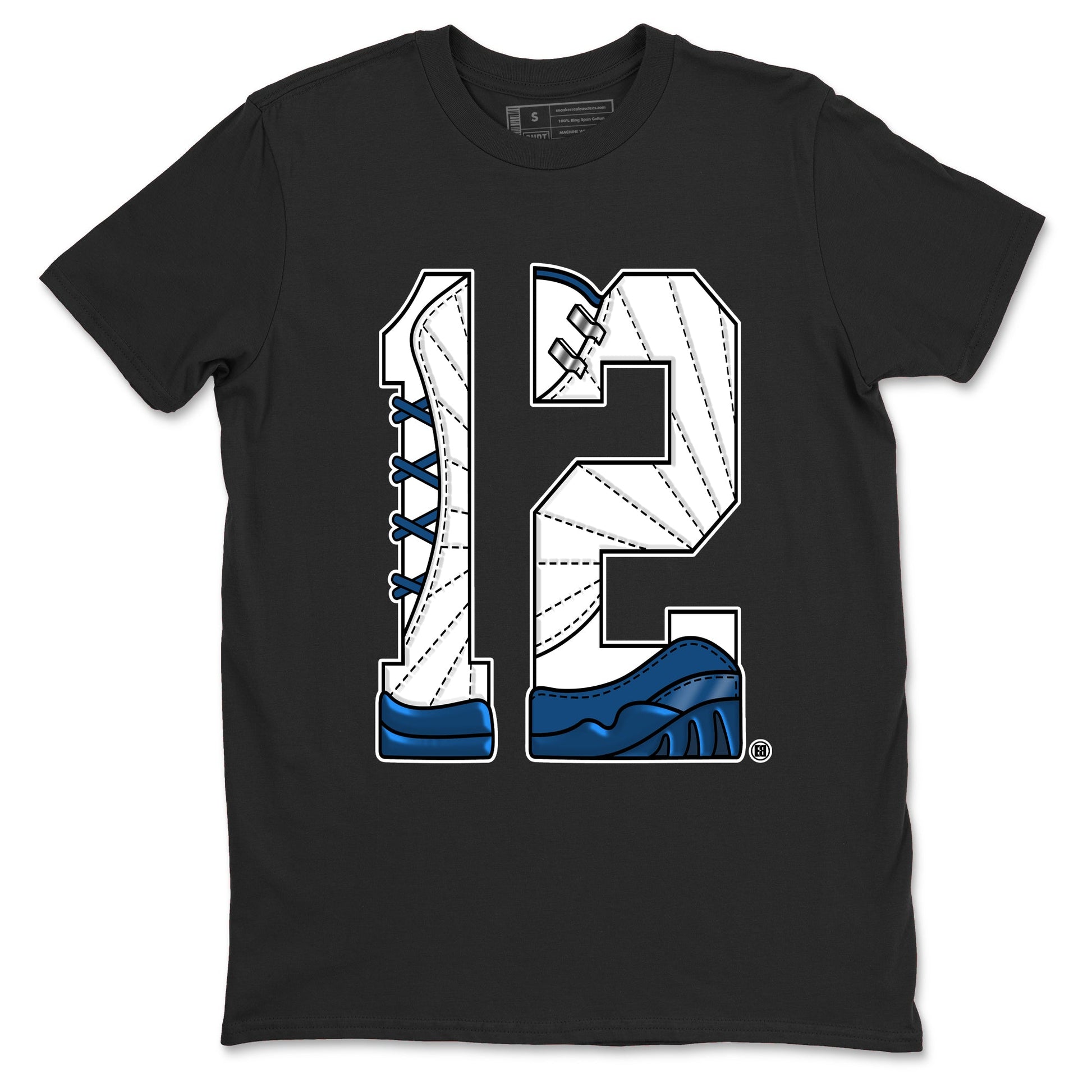 Number 12 sneaker match t-shirt styled to complete your fit with the Air Jordan 12 French Blue sneakers, graphic shirts in Black 2.