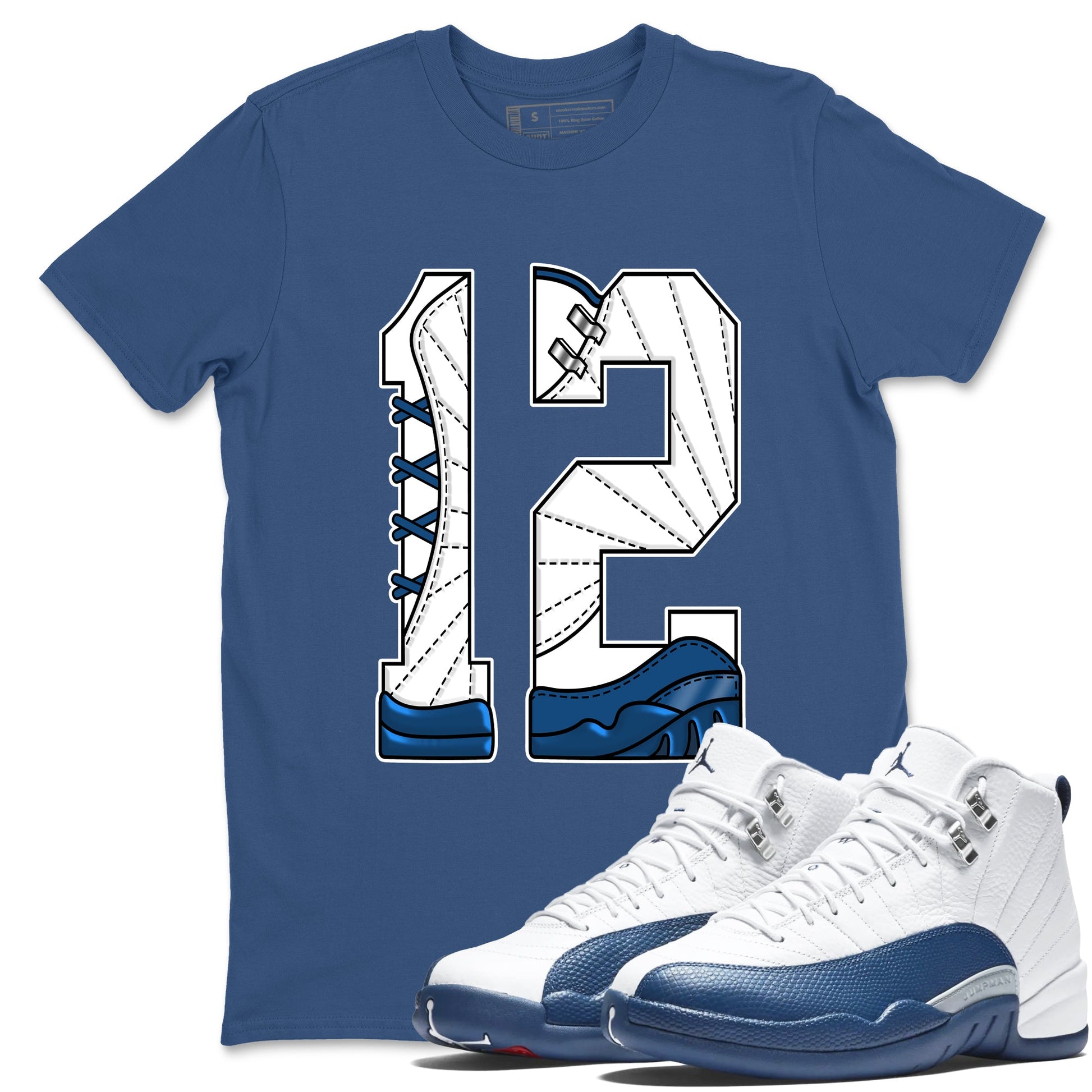 Number 12 sneaker match t-shirt styled to complete your fit with the Air Jordan 12 French Blue sneakers, graphic shirts in Denim Blue 1.