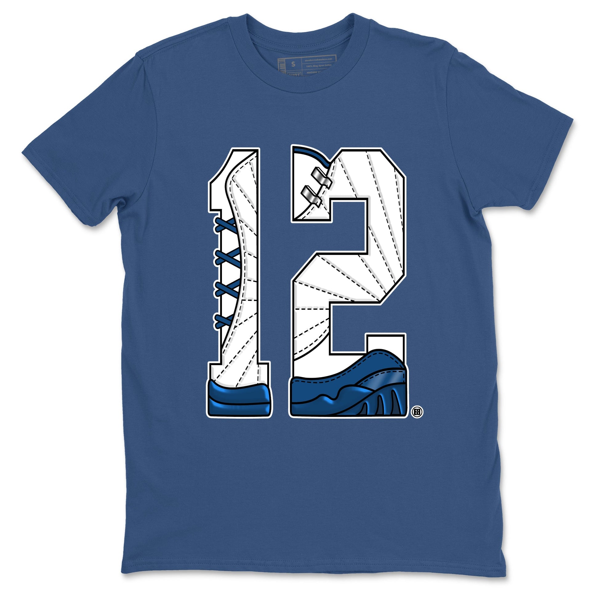Number 12 sneaker match t-shirt styled to complete your fit with the Air Jordan 12 French Blue sneakers, graphic shirts in Denim Blue 2.